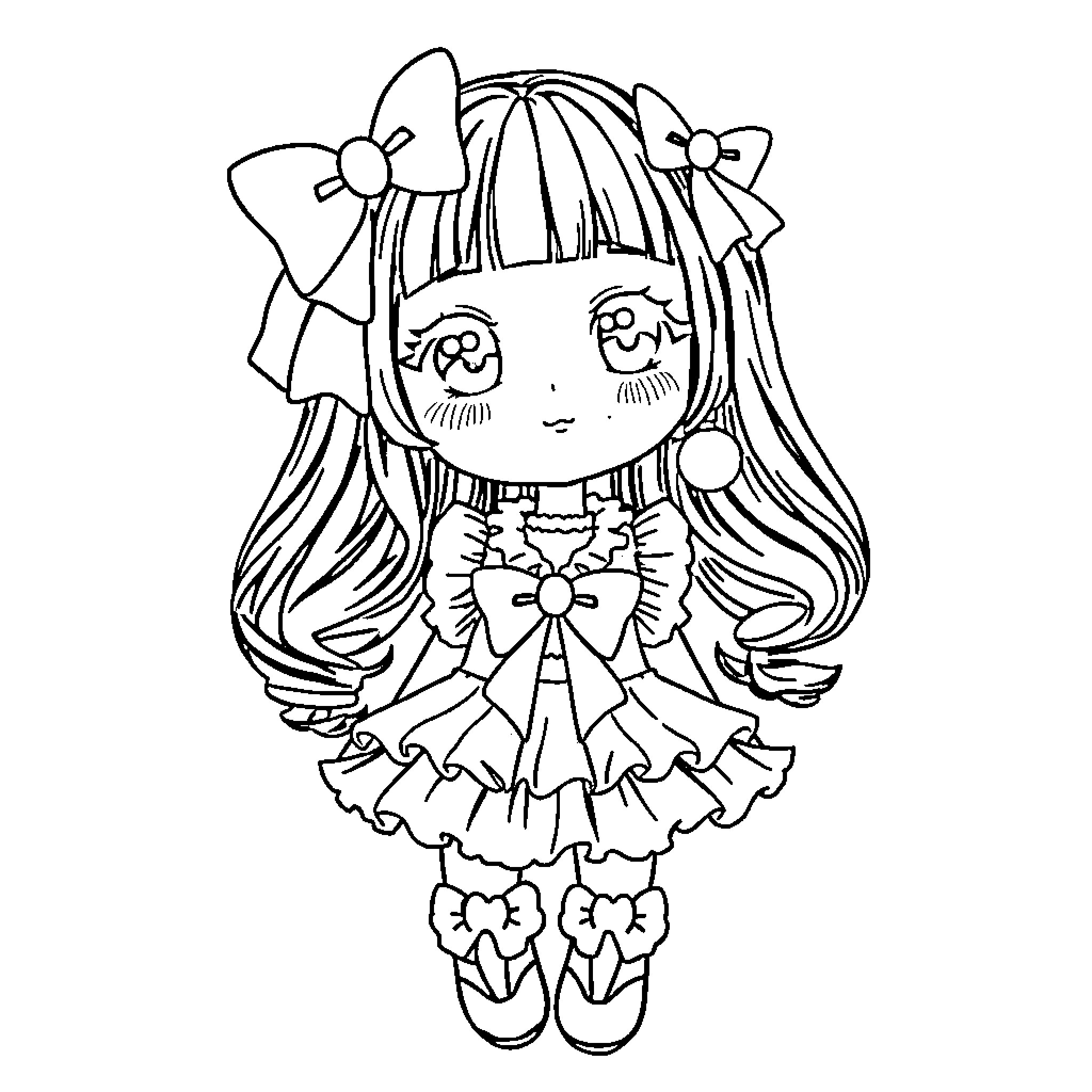 Gacha Girl in Frilly Dress with Bows and Ribbons Coloring Page (free black-and-white line drawing printable PDF for all, from beginners to advanced learners, including children, teens, adults, and seniors)