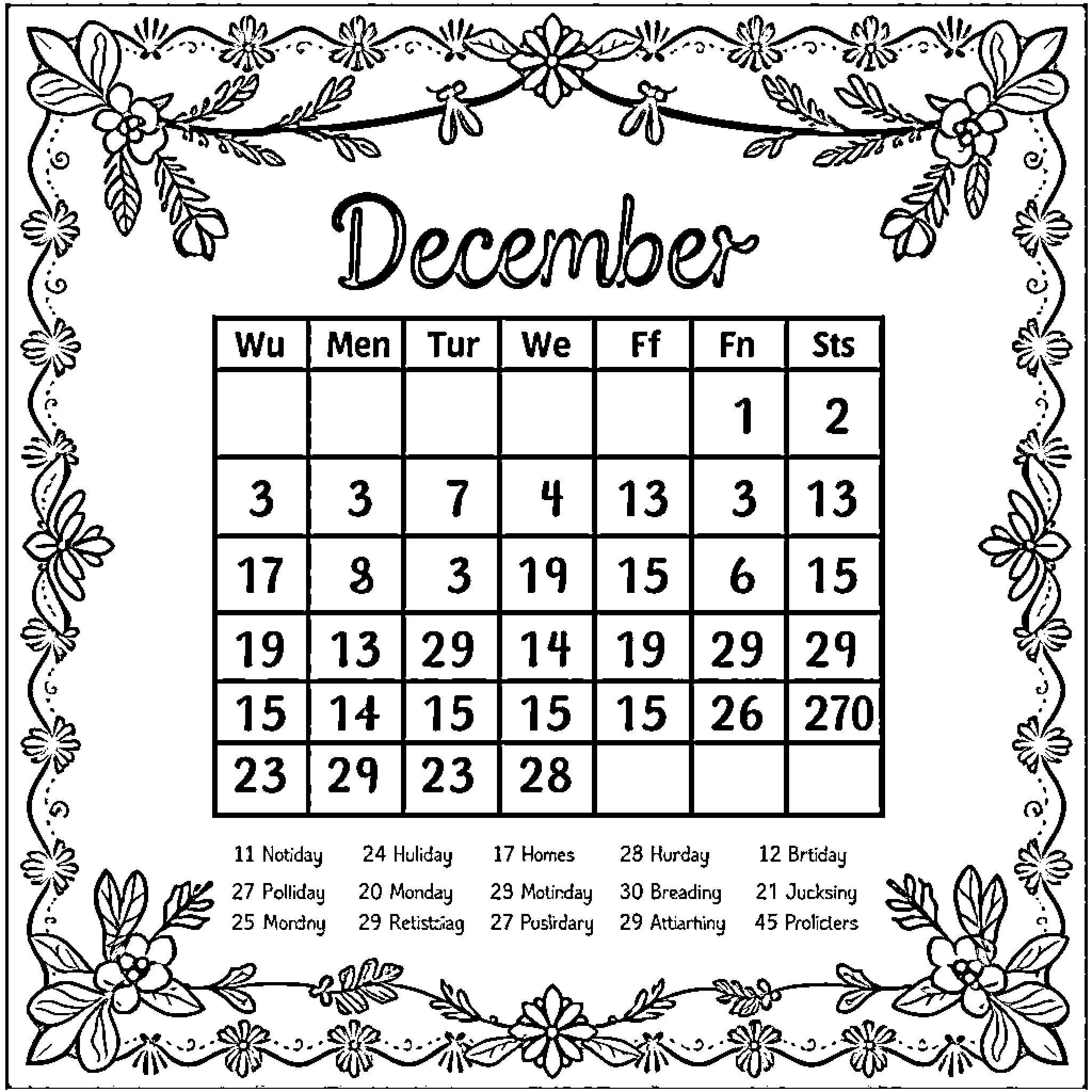 Calendar depicting December's events and schedule Coloring Page (free black-and-white line drawing printable PDF for all, from beginners to advanced learners, including children, teens, adults, and seniors)