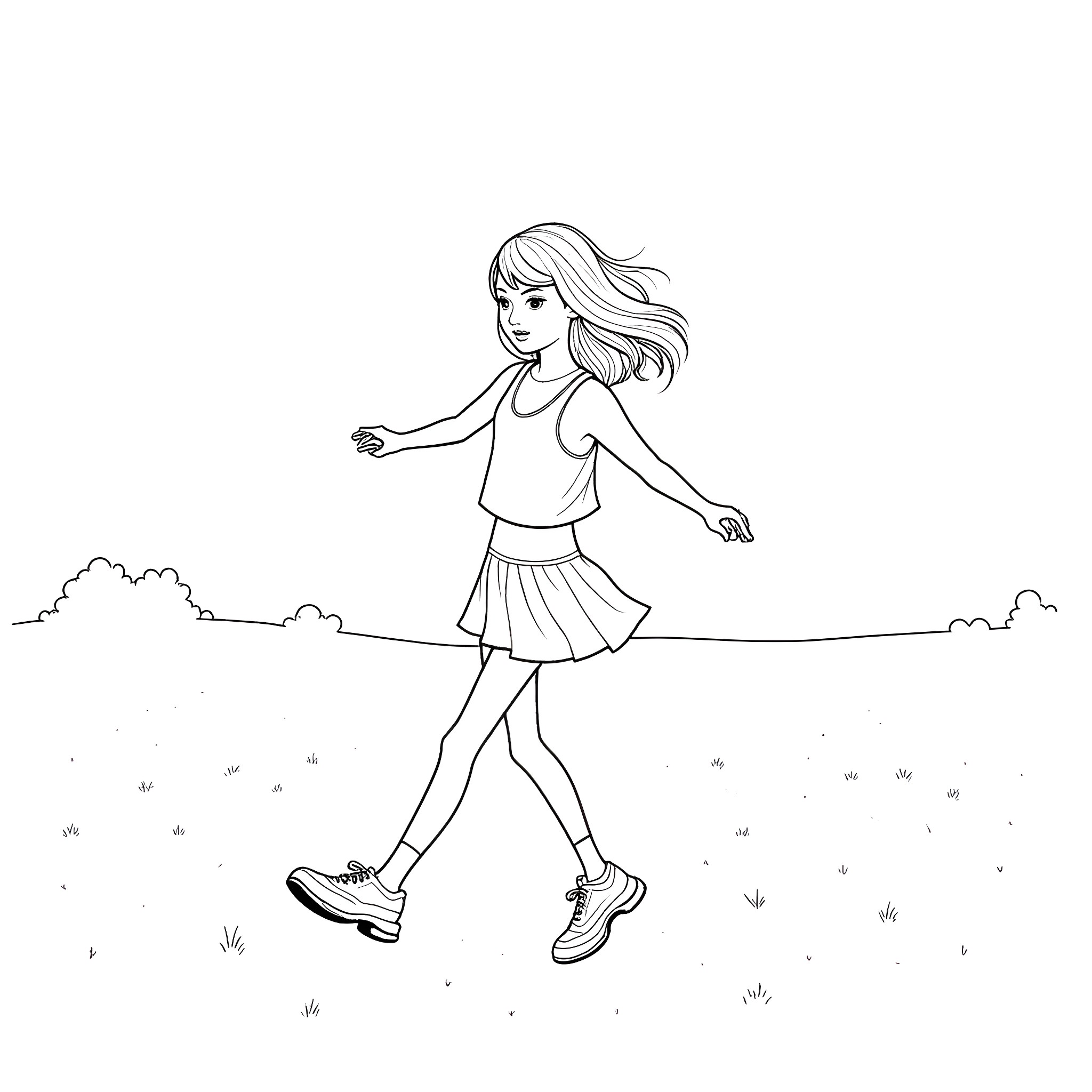 Taylor Swift walking joyfully in the meadow Coloring Page (free black-and-white line drawing printable PDF for all, from beginners to advanced learners, including children, teens, adults, and seniors)