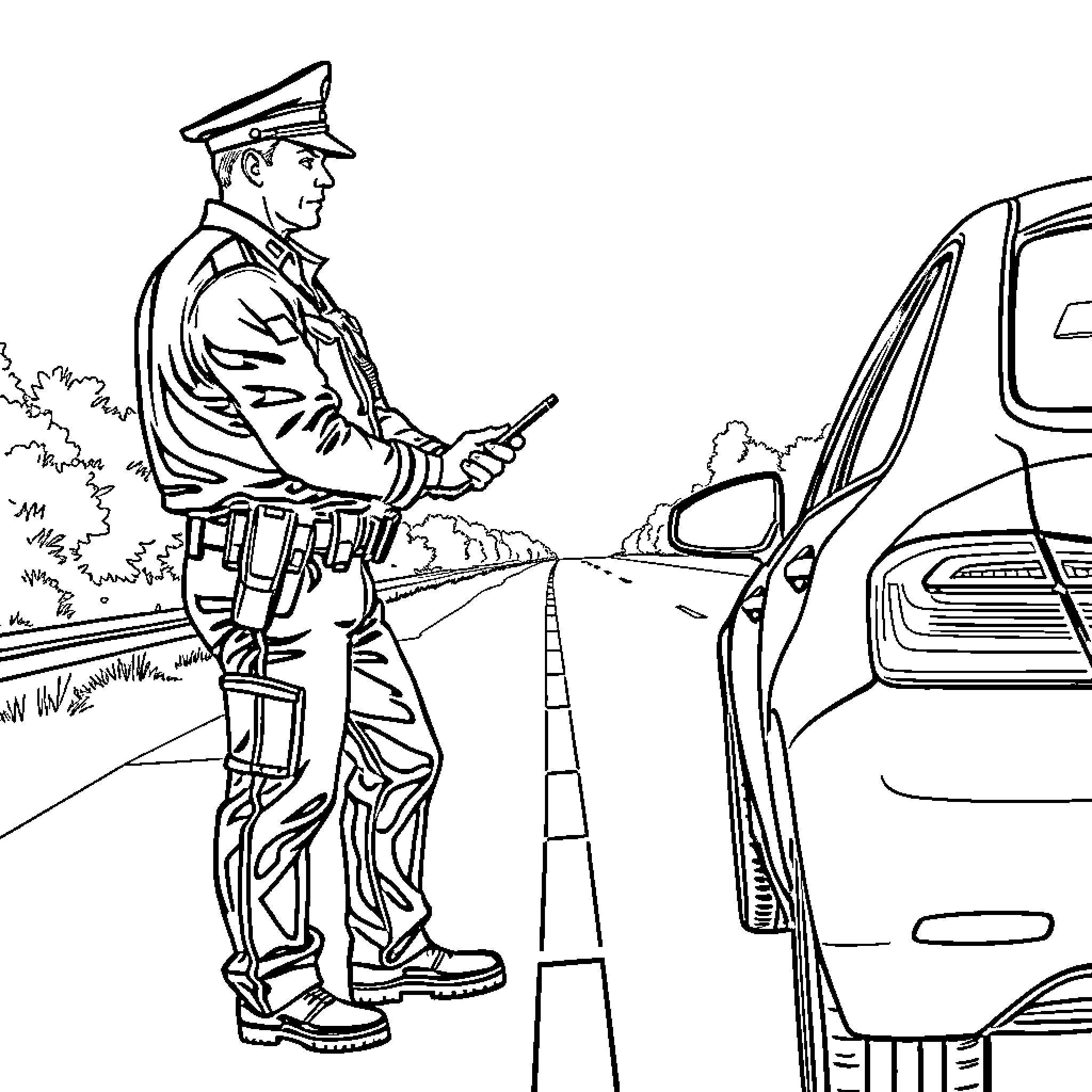 Policier stops vehicle on rural road Coloring Page (free black-and-white line drawing printable PDF for all, from beginners to advanced learners, including children, teens, adults, and seniors)