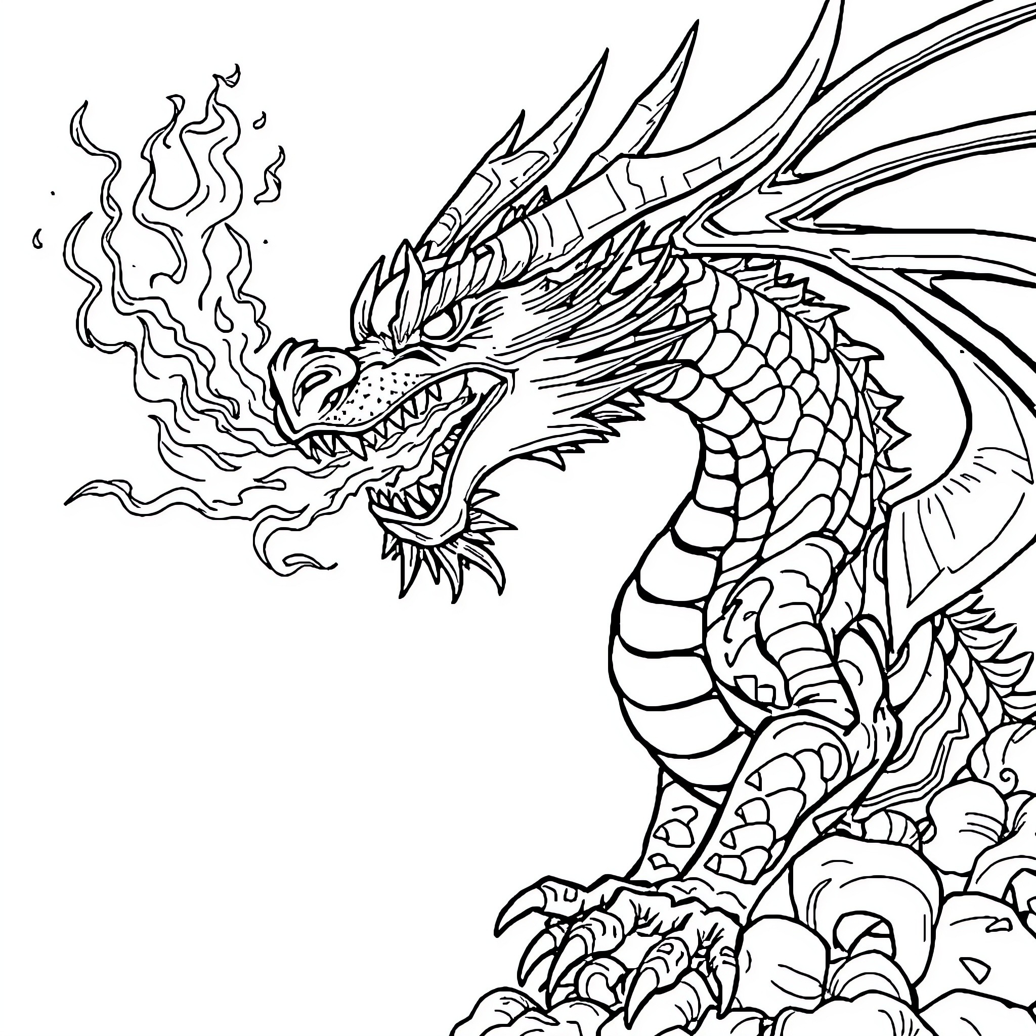 Dragon breathing fire and unleashing fury Coloring Page (free black-and-white line drawing printable PDF for all, from beginners to advanced learners, including children, teens, adults, and seniors)