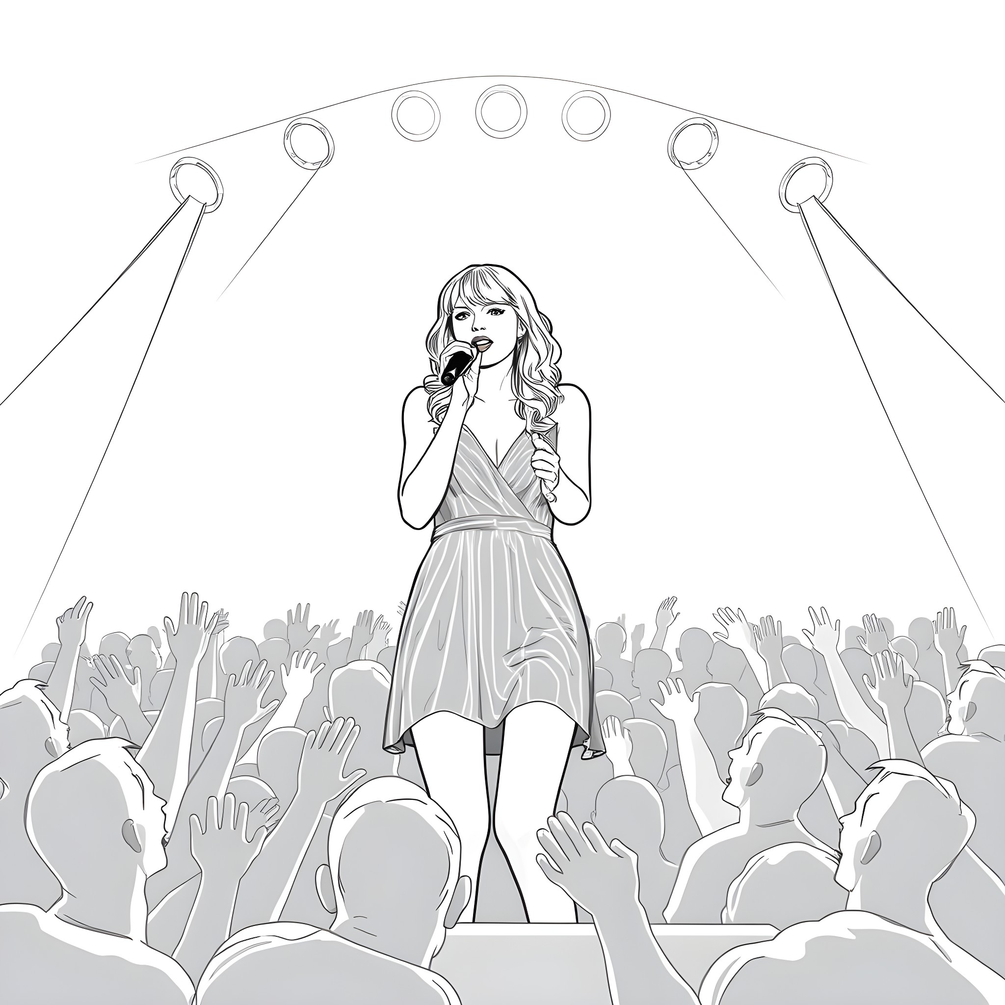 Taylor Swift performing on stage for adoring fans Coloring Page (free black-and-white line drawing printable PDF for all, from beginners to advanced learners, including children, teens, adults, and seniors)
