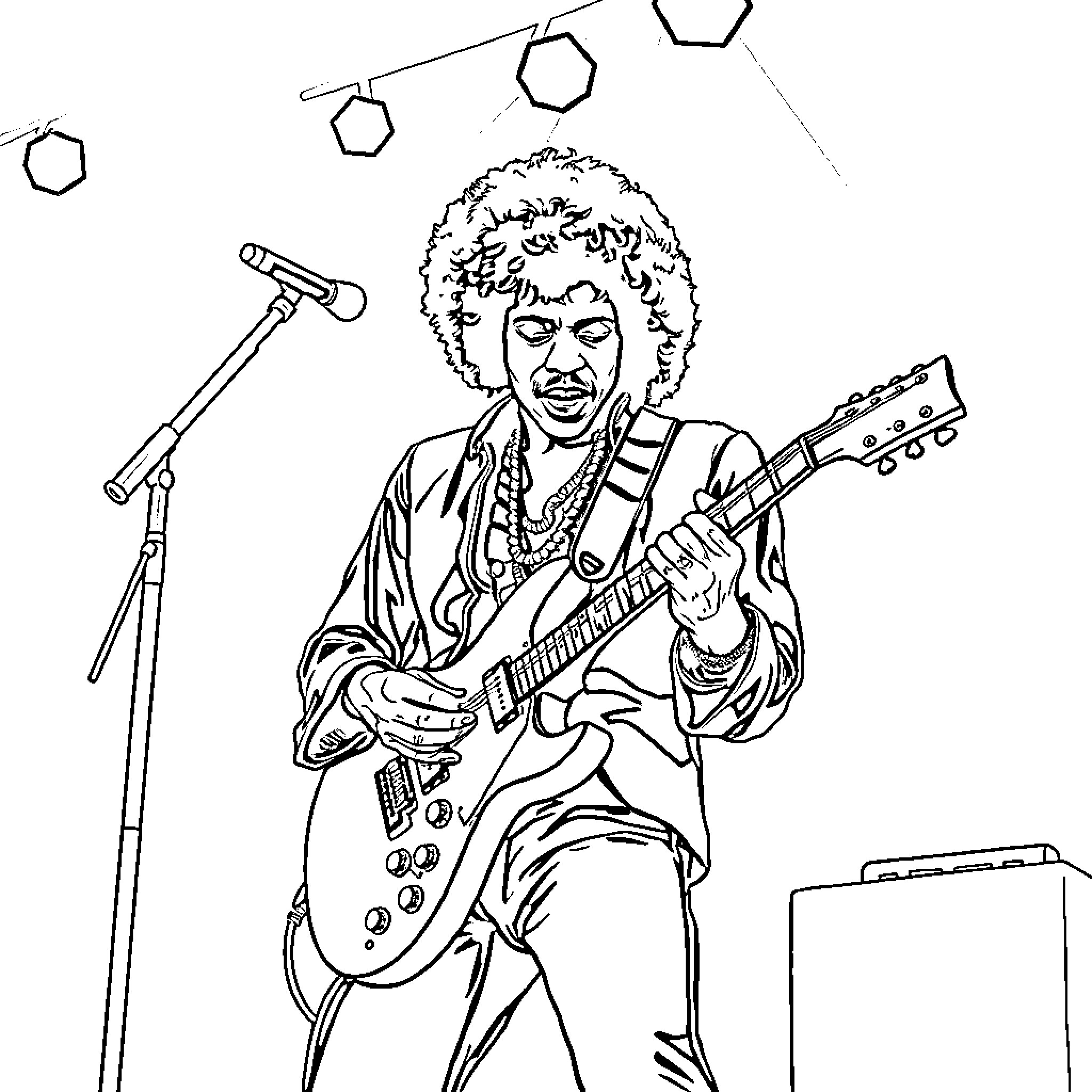 Jimi Hendrix performing on stage with his guitar Coloring Page (free black-and-white line drawing printable PDF for all, from beginners to advanced learners, including children, teens, adults, and seniors)