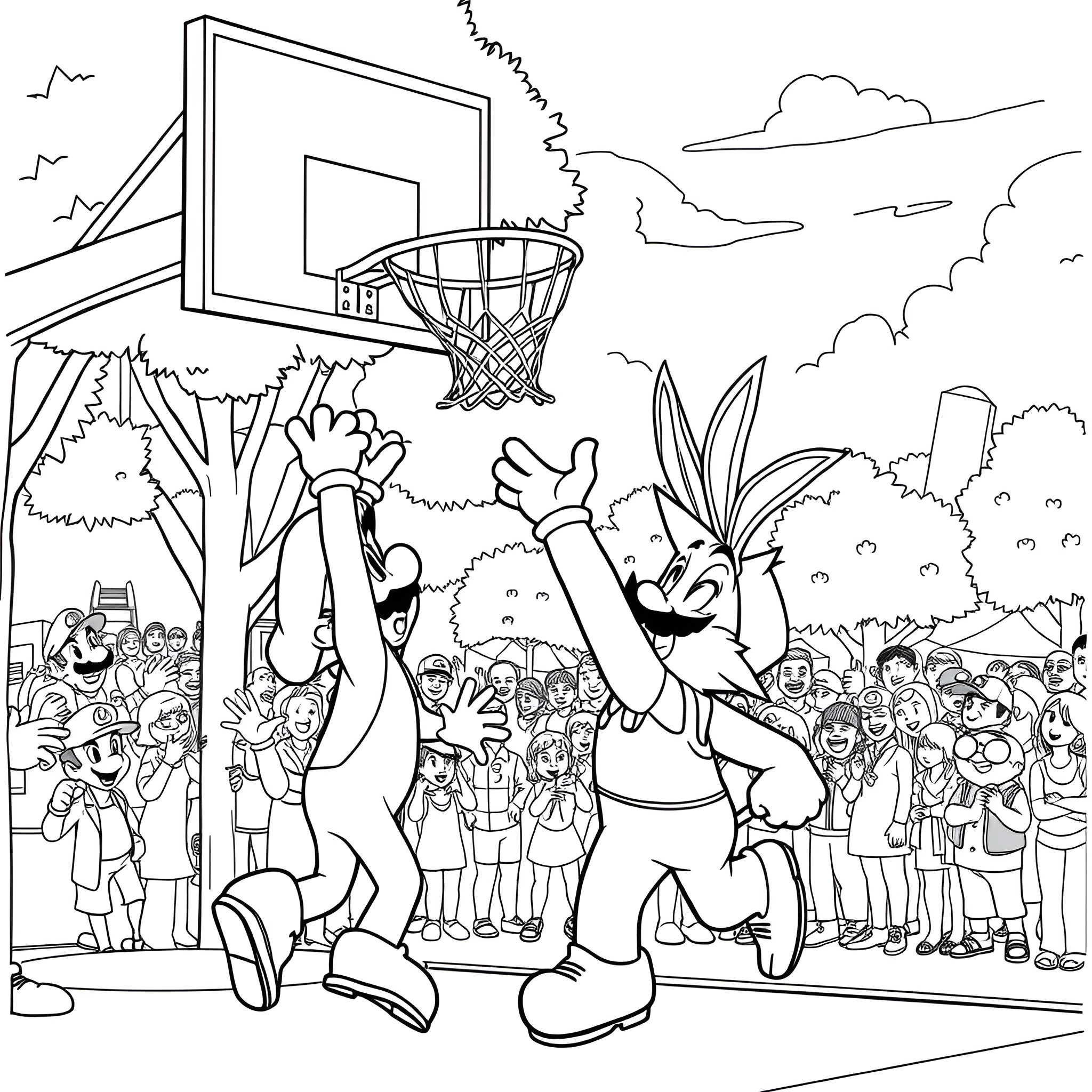 Mario Playing Basketball with Friends in the Park Coloring Page (free black-and-white line drawing printable PDF for all, from beginners to advanced learners, including children, teens, adults, and seniors)