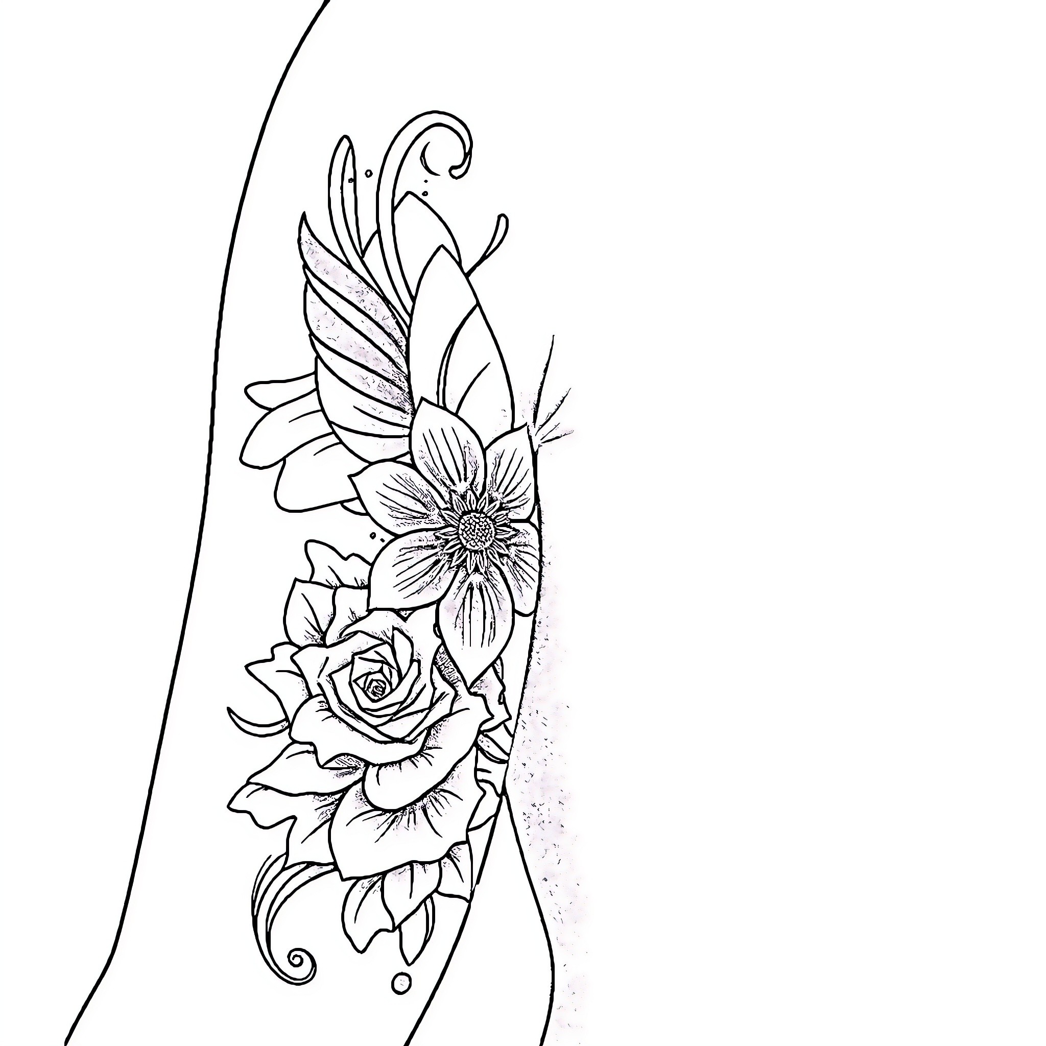 Tattoo featuring floral and winged motifs Coloring Page (free black-and-white line drawing printable PDF for all, from beginners to advanced learners, including children, teens, adults, and seniors)