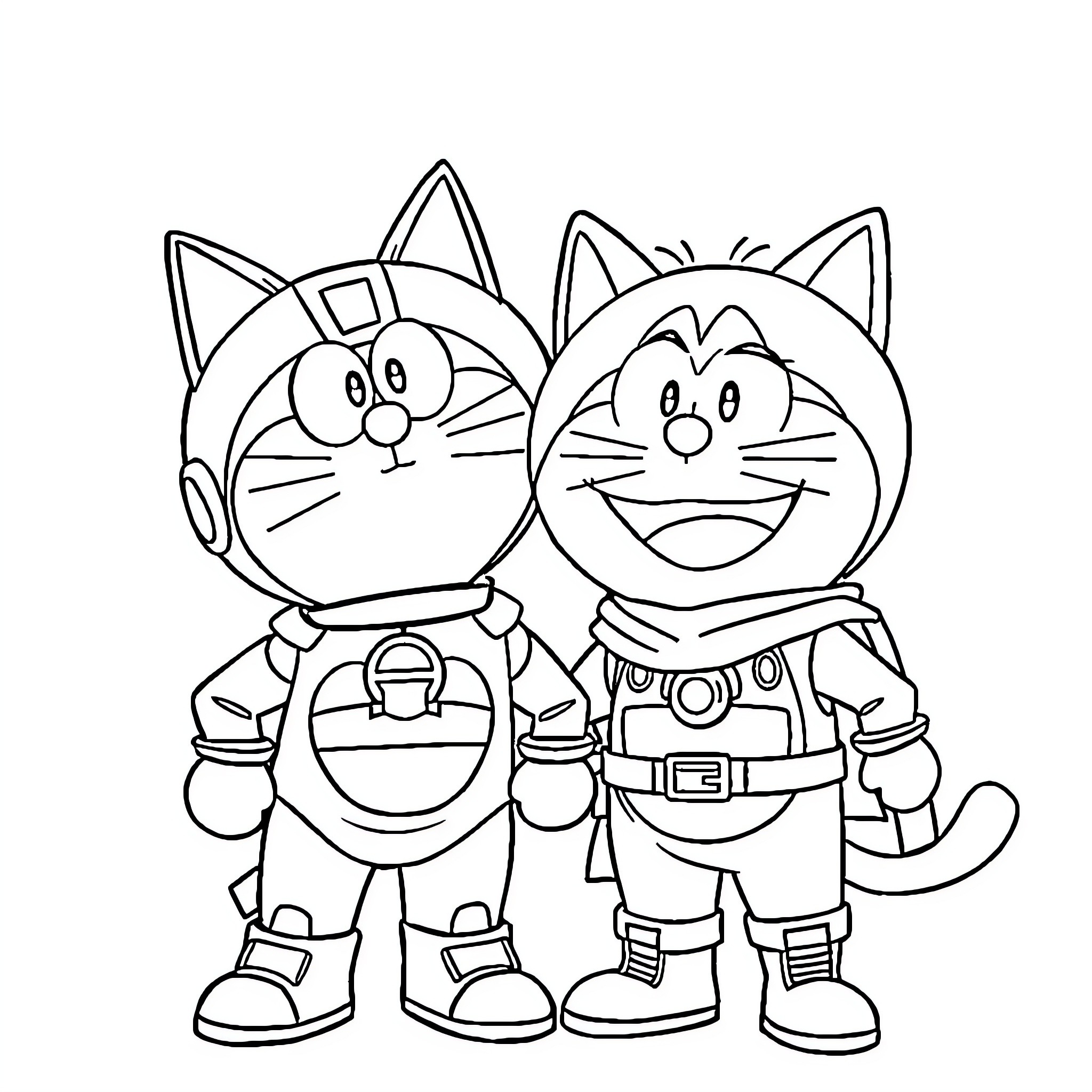 Doraemon characters in playful costumes Coloring Page (free black-and-white line drawing printable PDF for all, from beginners to advanced learners, including children, teens, adults, and seniors)