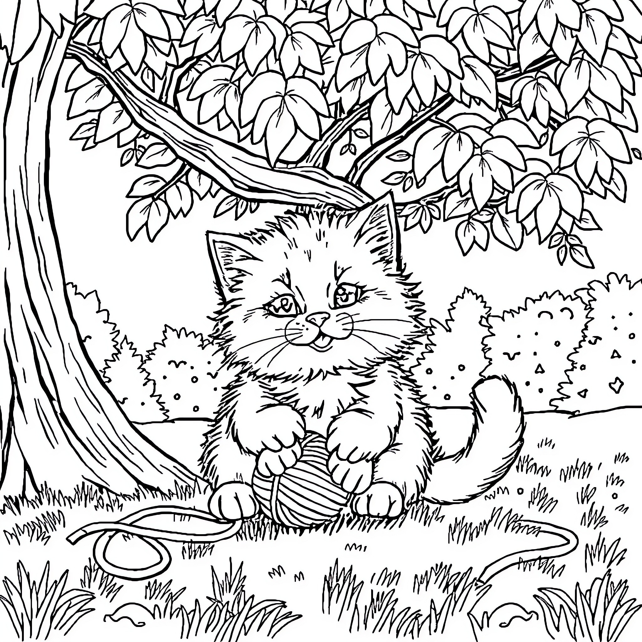 Kitty exploring the lush forest Coloring Page (free black-and-white line drawing printable PDF for all, from beginners to advanced learners, including children, teens, adults, and seniors)