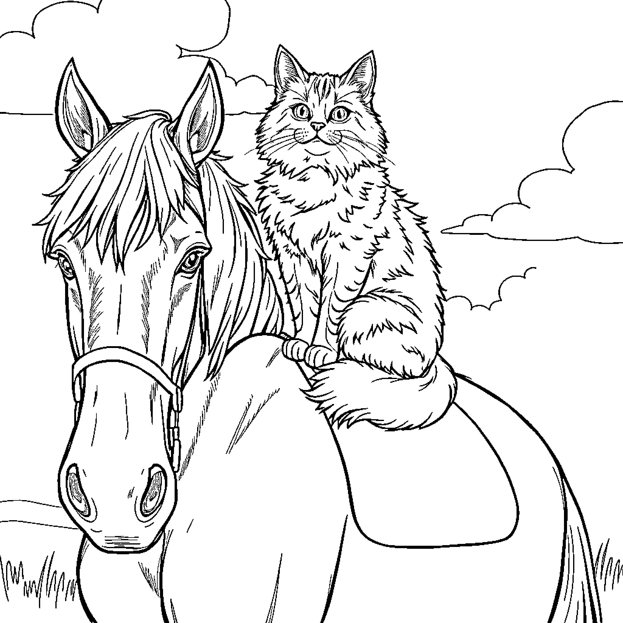 Cat riding a horse in the countryside Coloring Page (free black-and-white line drawing printable PDF for all, from beginners to advanced learners, including children, teens, adults, and seniors)