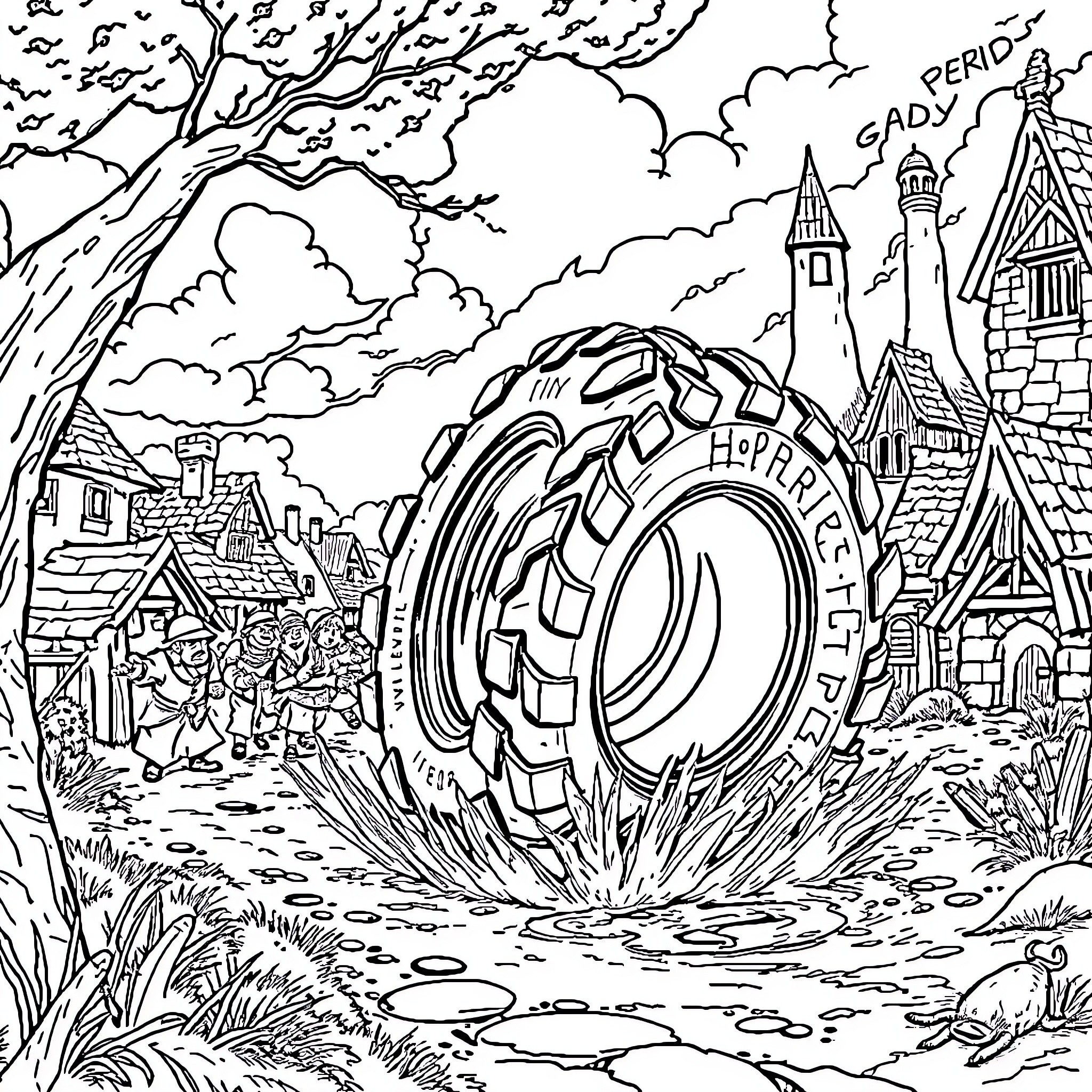 Tyre race through fantasy medieval town Coloring Page (free black-and-white line drawing printable PDF for all, from beginners to advanced learners, including children, teens, adults, and seniors)