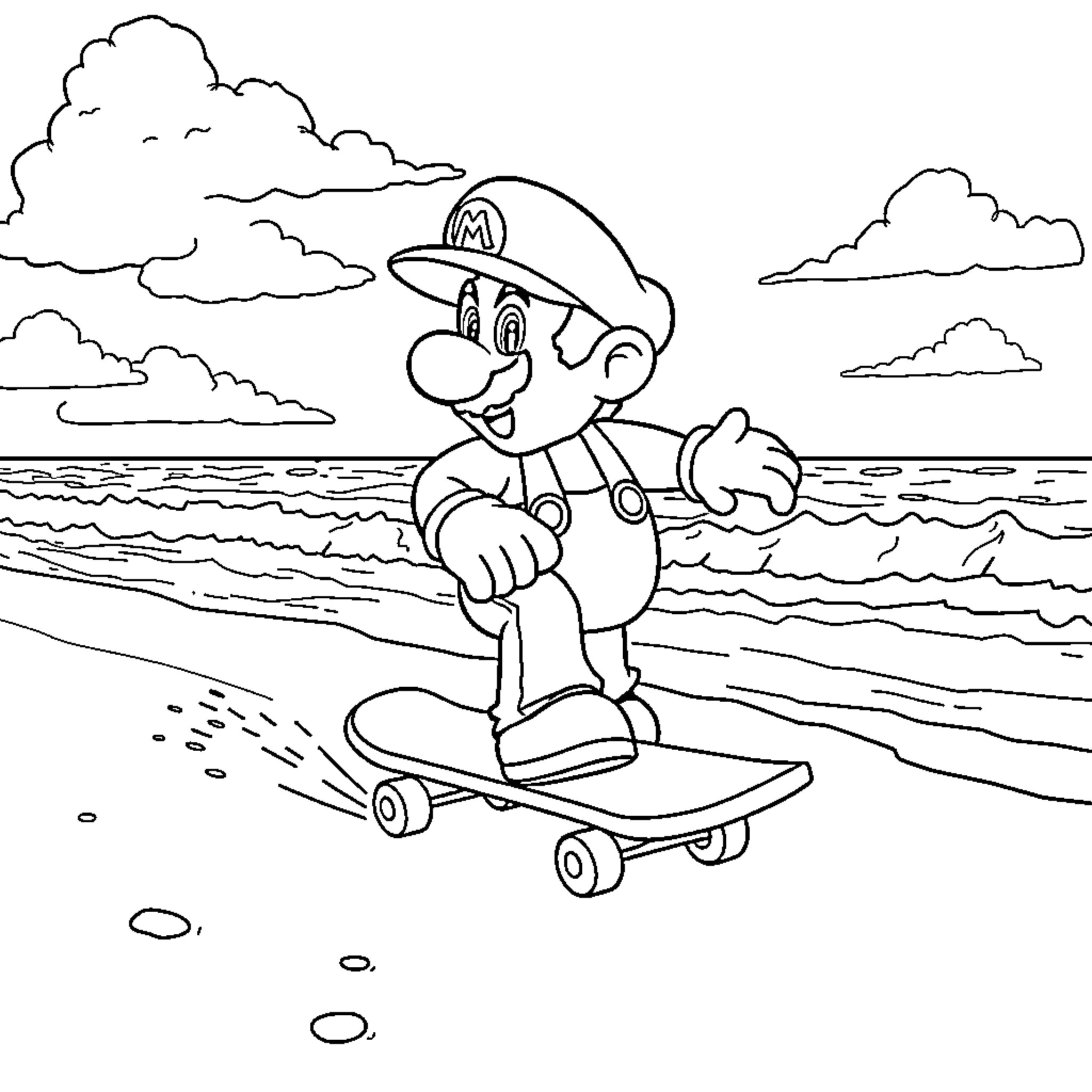 Mario Skateboarding by the Beach Coloring Page (free black-and-white line drawing printable PDF for all, from beginners to advanced learners, including children, teens, adults, and seniors)
