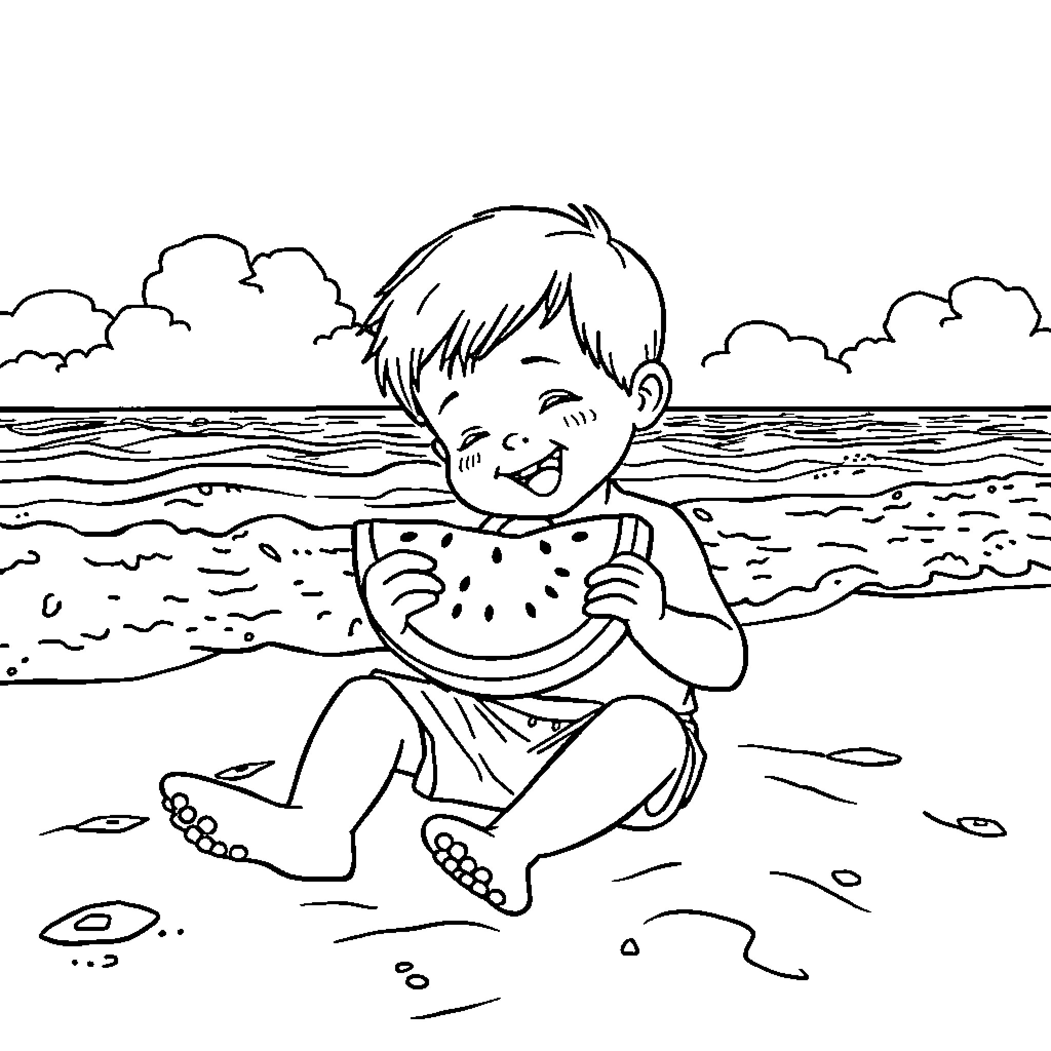 Boy enjoying a refreshing watermelon on the beach Coloring Page (free black-and-white line drawing printable PDF for all, from beginners to advanced learners, including children, teens, adults, and seniors)