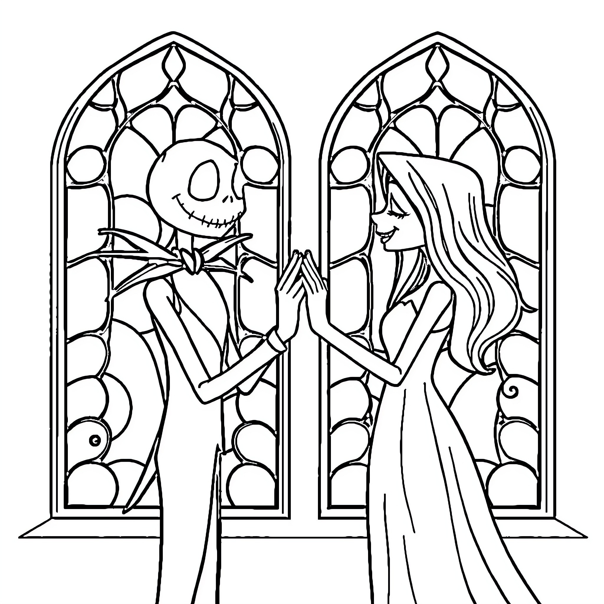 Jack Skellington and Sally in Stained Glass Coloring Page (free black-and-white line drawing printable PDF for all, from beginners to advanced learners, including children, teens, adults, and seniors)