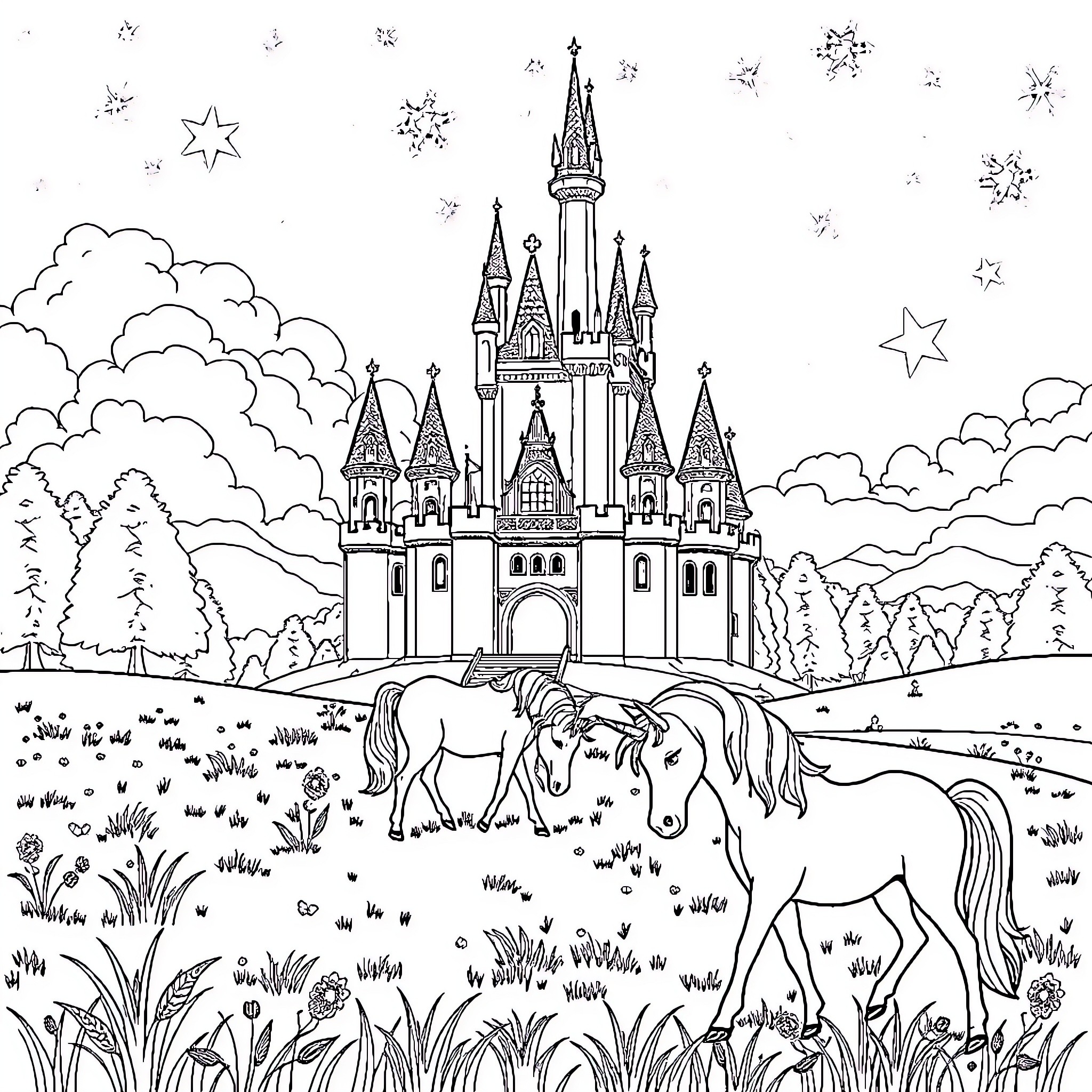 Unicorn exploring magical castle and meadow Coloring Page (free black-and-white line drawing printable PDF for all, from beginners to advanced learners, including children, teens, adults, and seniors)