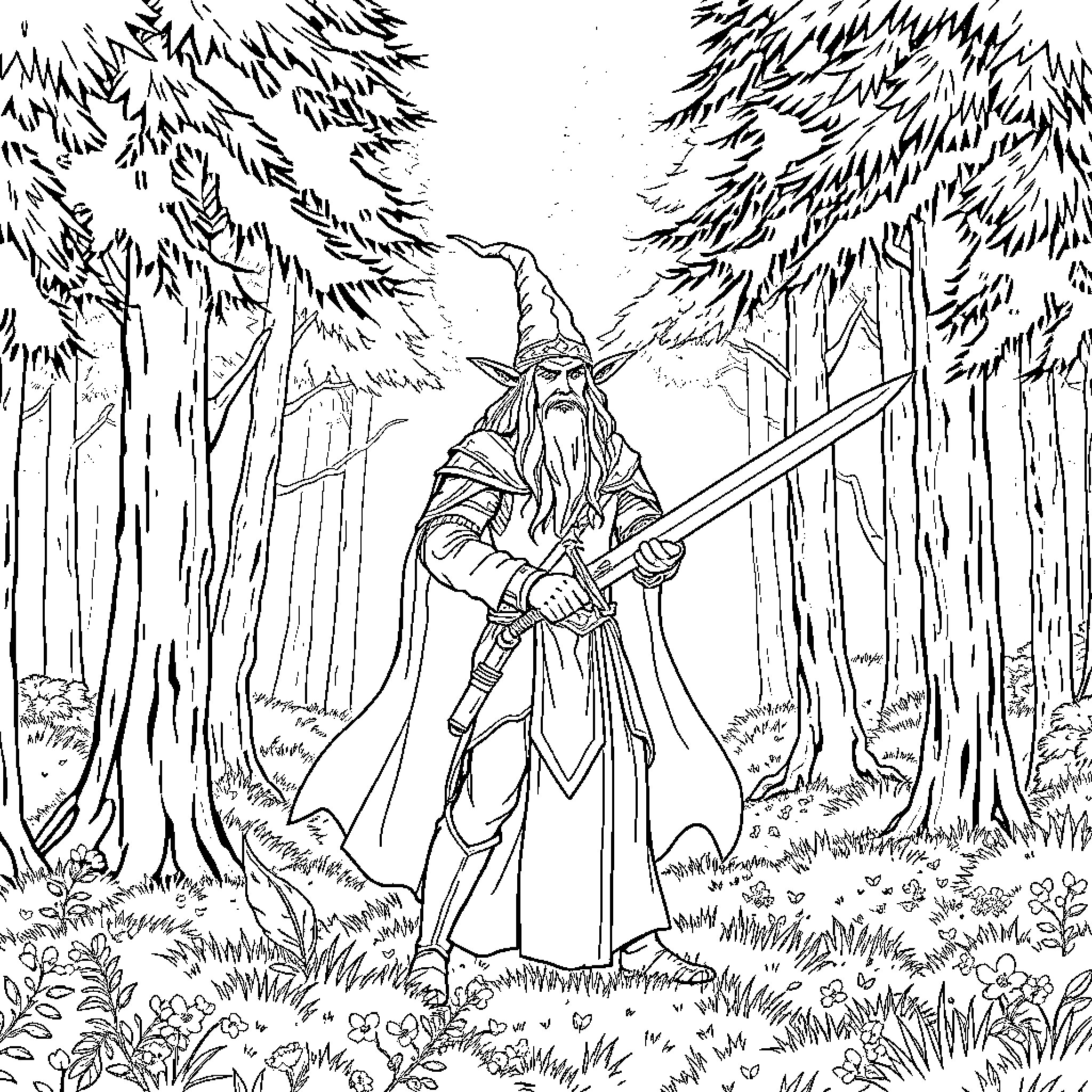 Elf Warrior Wielding Sword in Enchanted Forest Coloring Page (free black-and-white line drawing printable PDF for all, from beginners to advanced learners, including children, teens, adults, and seniors)