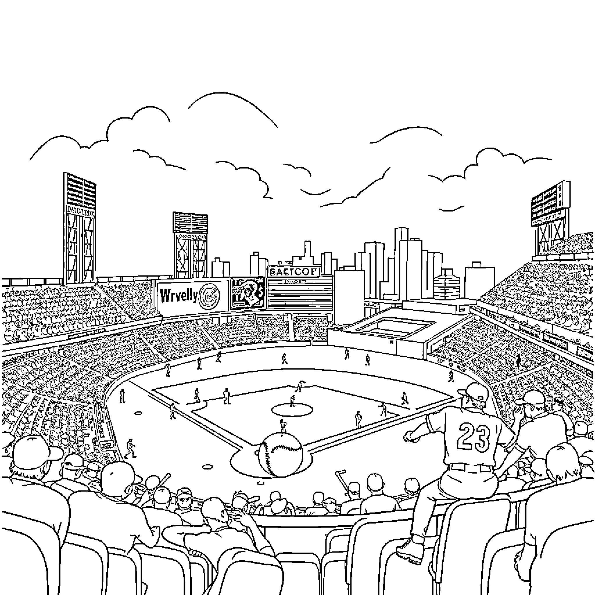 Chicago Cubs Game in the City Stadium Coloring Page (free black-and-white line drawing printable PDF for all, from beginners to advanced learners, including children, teens, adults, and seniors)