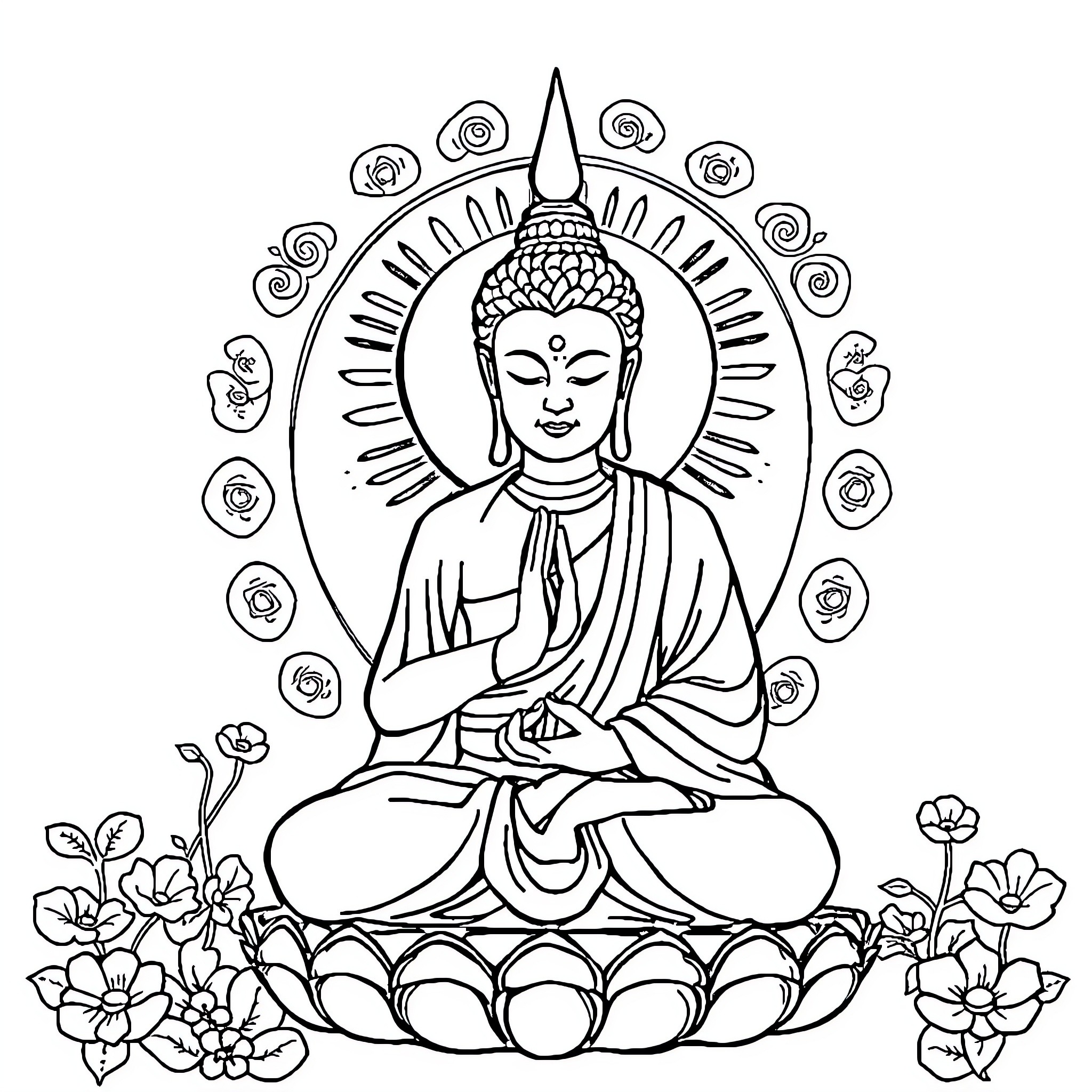 Buddhist Mantra of a Peaceful Meditation Coloring Page (free black-and-white line drawing printable PDF for all, from beginners to advanced learners, including children, teens, adults, and seniors)
