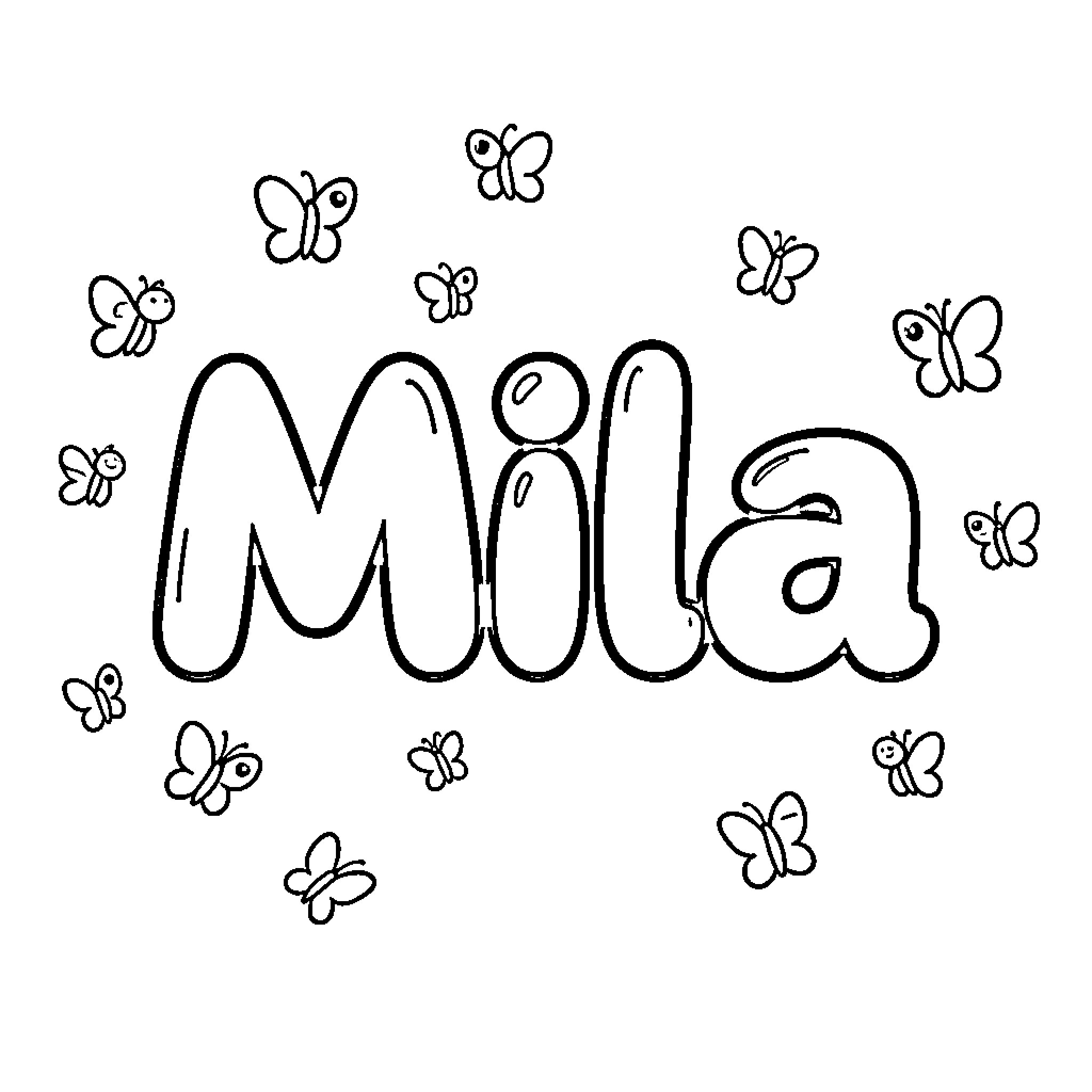 Mila surrounded by many flying butterflies Coloring Page (free black-and-white line drawing printable PDF for all, from beginners to advanced learners, including children, teens, adults, and seniors)