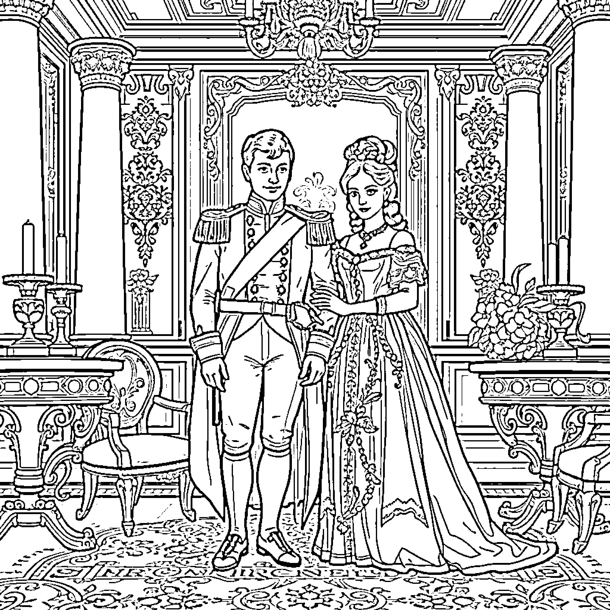 Napoleon and Empress Josephine in Formal Attire Coloring Page (free black-and-white line drawing printable PDF for all, from beginners to advanced learners, including children, teens, adults, and seniors)