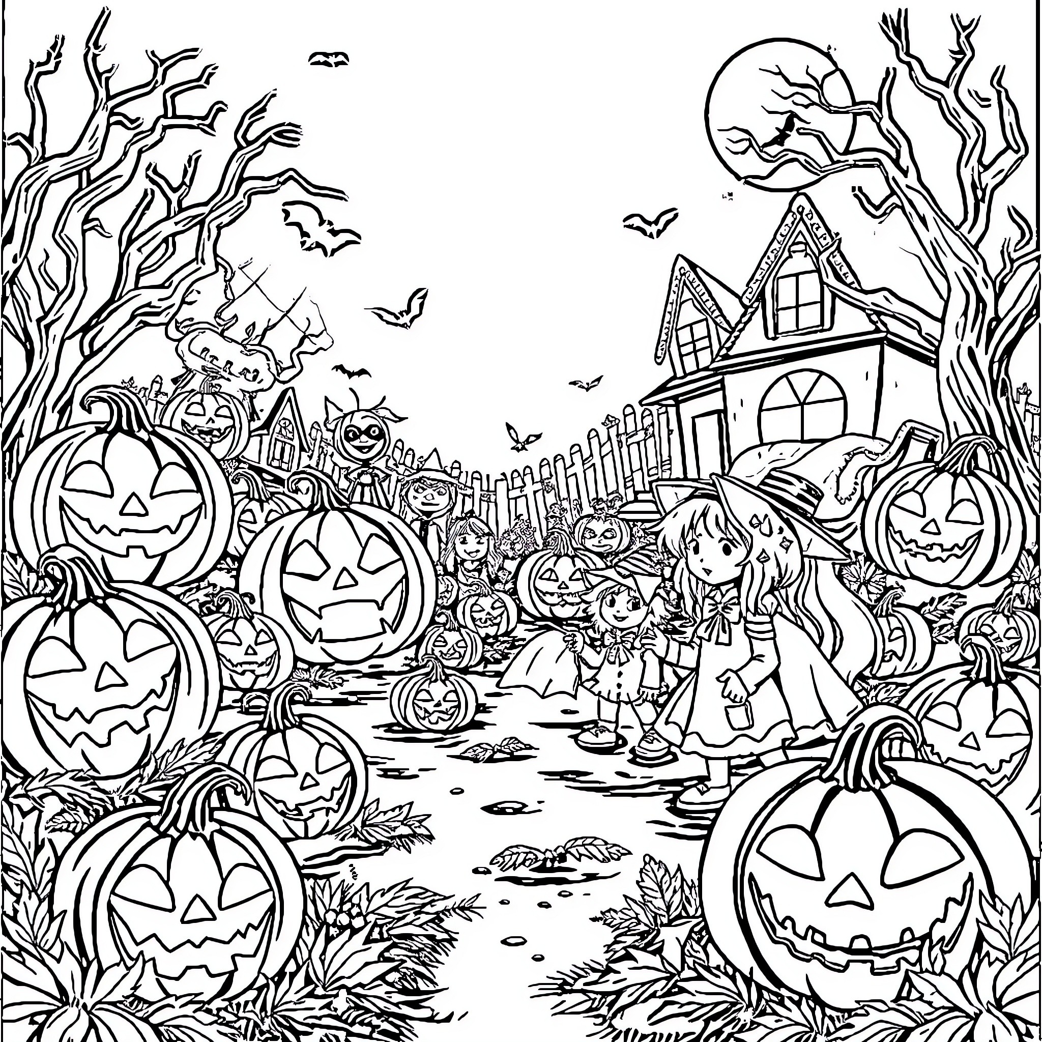 Halloween night in a spooky neighborhood Coloring Page (free black-and-white line drawing printable PDF for all, from beginners to advanced learners, including children, teens, adults, and seniors)