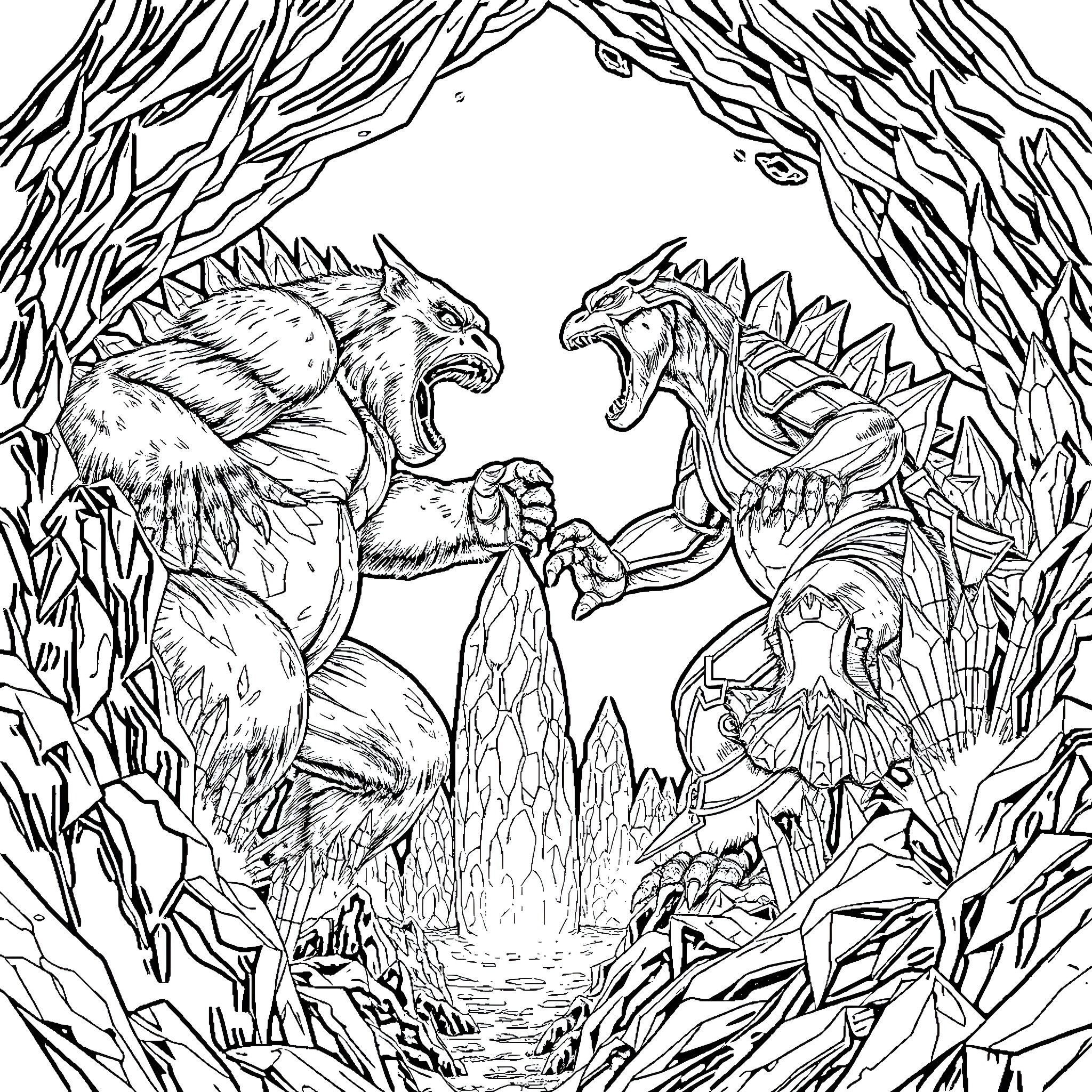 King Kong creatures battling in the jungle Coloring Page (free black-and-white line drawing printable PDF for all, from beginners to advanced learners, including children, teens, adults, and seniors)