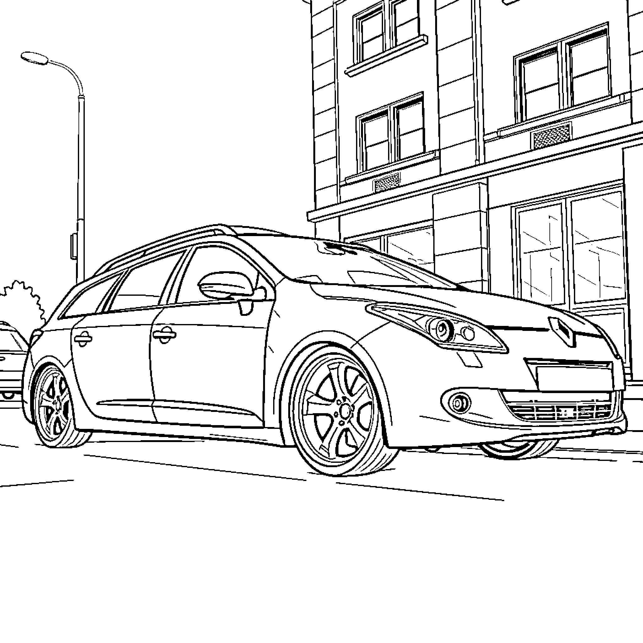 Renault sedan parked on city street Coloring Page (free black-and-white line drawing printable PDF for all, from beginners to advanced learners, including children, teens, adults, and seniors)