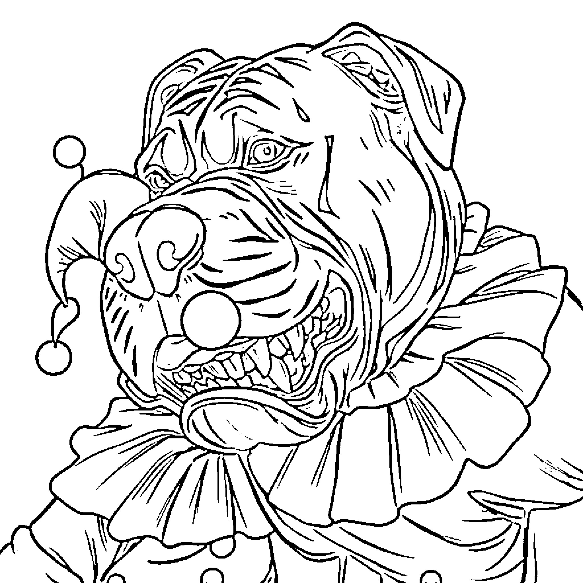 Cane Corso clown portrayal in monochrome Coloring Page (free black-and-white line drawing printable PDF for all, from beginners to advanced learners, including children, teens, adults, and seniors)