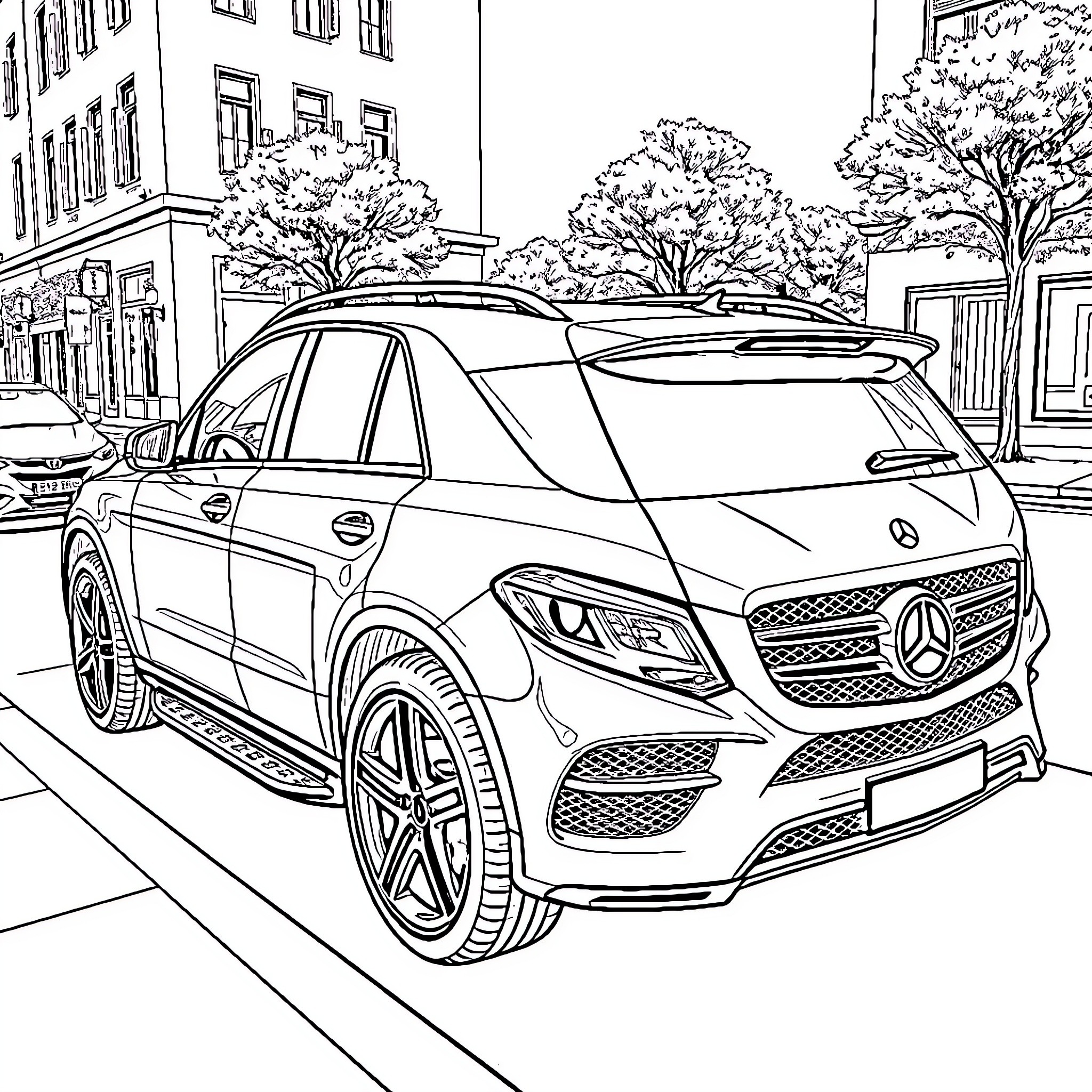 Mercedes SUV on city street with trees Coloring Page (free black-and-white line drawing printable PDF for all, from beginners to advanced learners, including children, teens, adults, and seniors)