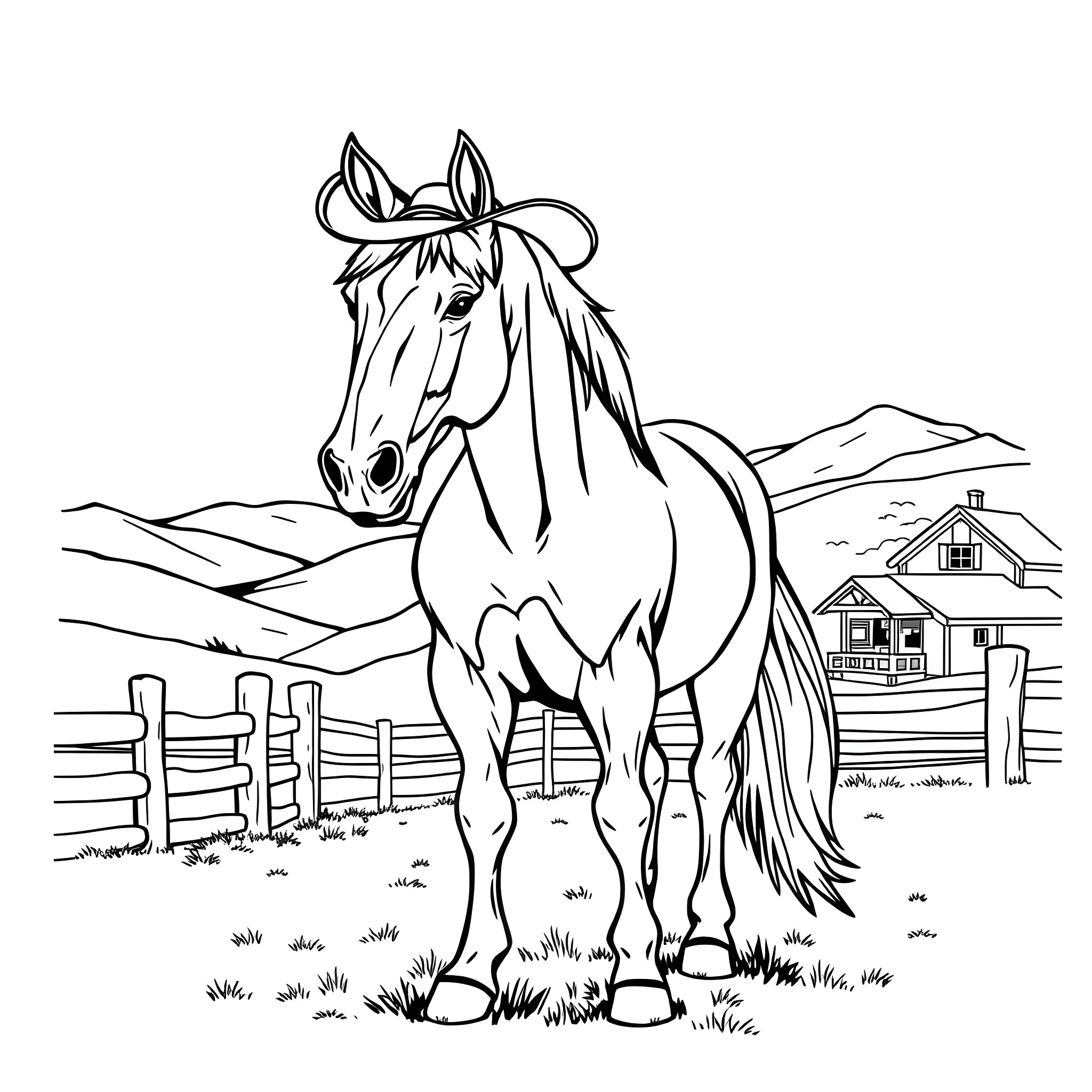 Horse standing in a rural countryside Coloring Page (free black-and-white line drawing printable PDF for all, from beginners to advanced learners, including children, teens, adults, and seniors)