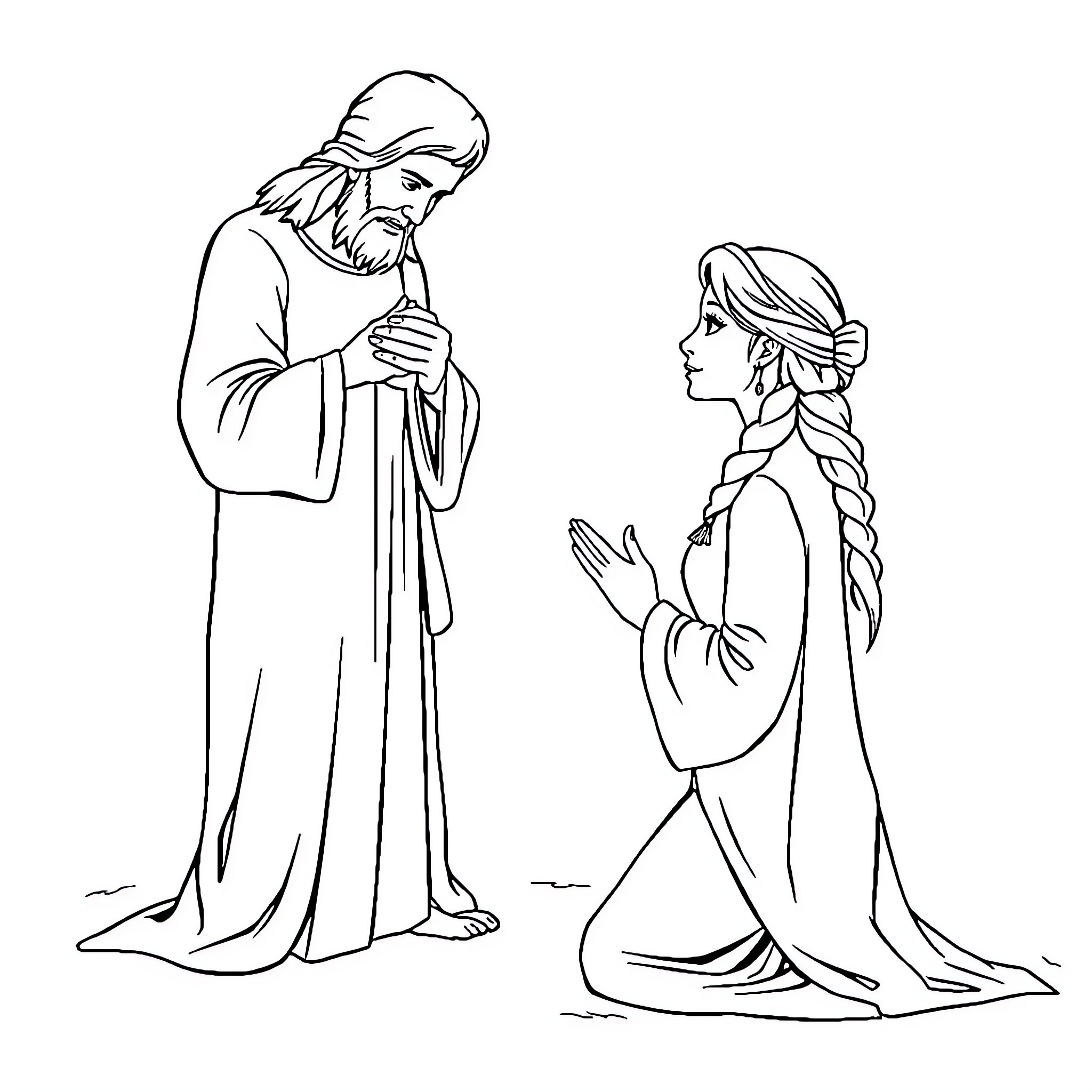 Elsa and the Wise Wizard in Thoughtful Conversation Coloring Page (free black-and-white line drawing printable PDF for all, from beginners to advanced learners, including children, teens, adults, and seniors)