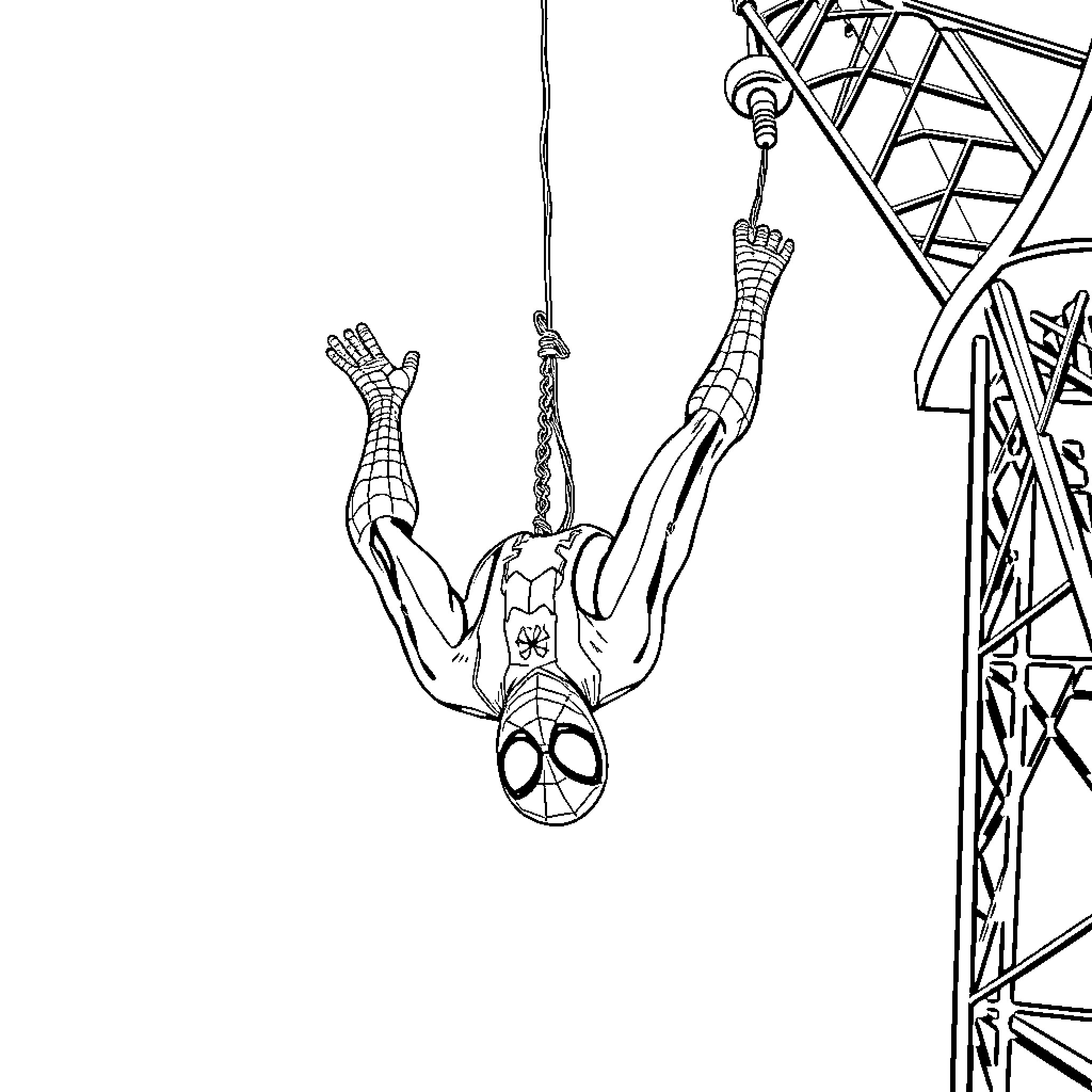 Spiderman swinging from a crane in action Coloring Page (free black-and-white line drawing printable PDF for all, from beginners to advanced learners, including children, teens, adults, and seniors)