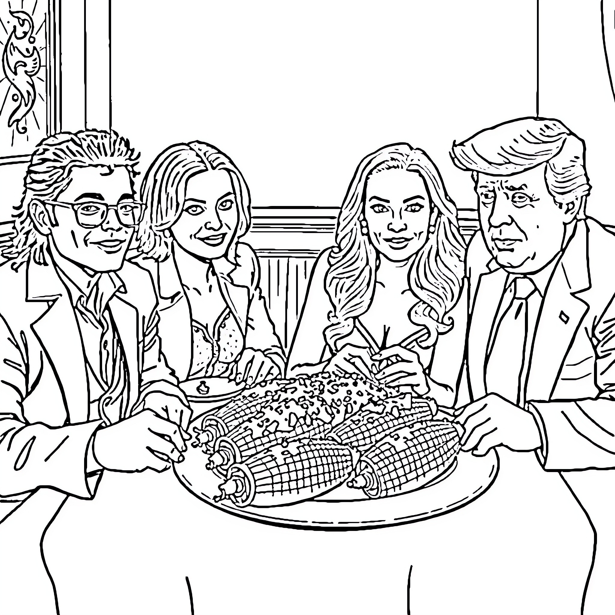 Celebrity Family Dinner Gathering Coloring Page (free black-and-white line drawing printable PDF for all, from beginners to advanced learners, including children, teens, adults, and seniors)
