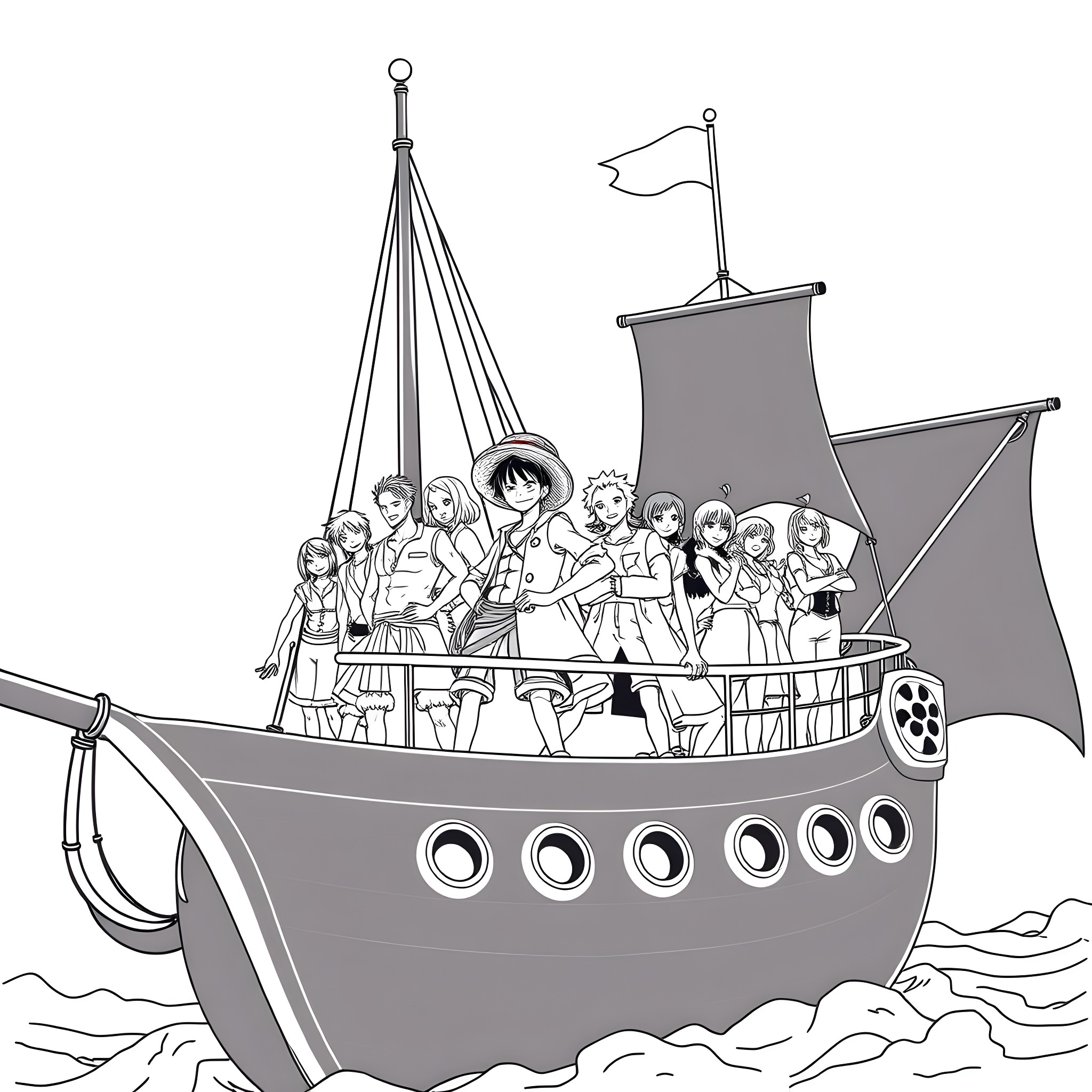 Luffy and his crew sailing the seas on their pirate ship Coloring Page (free black-and-white line drawing printable PDF for all, from beginners to advanced learners, including children, teens, adults, and seniors)