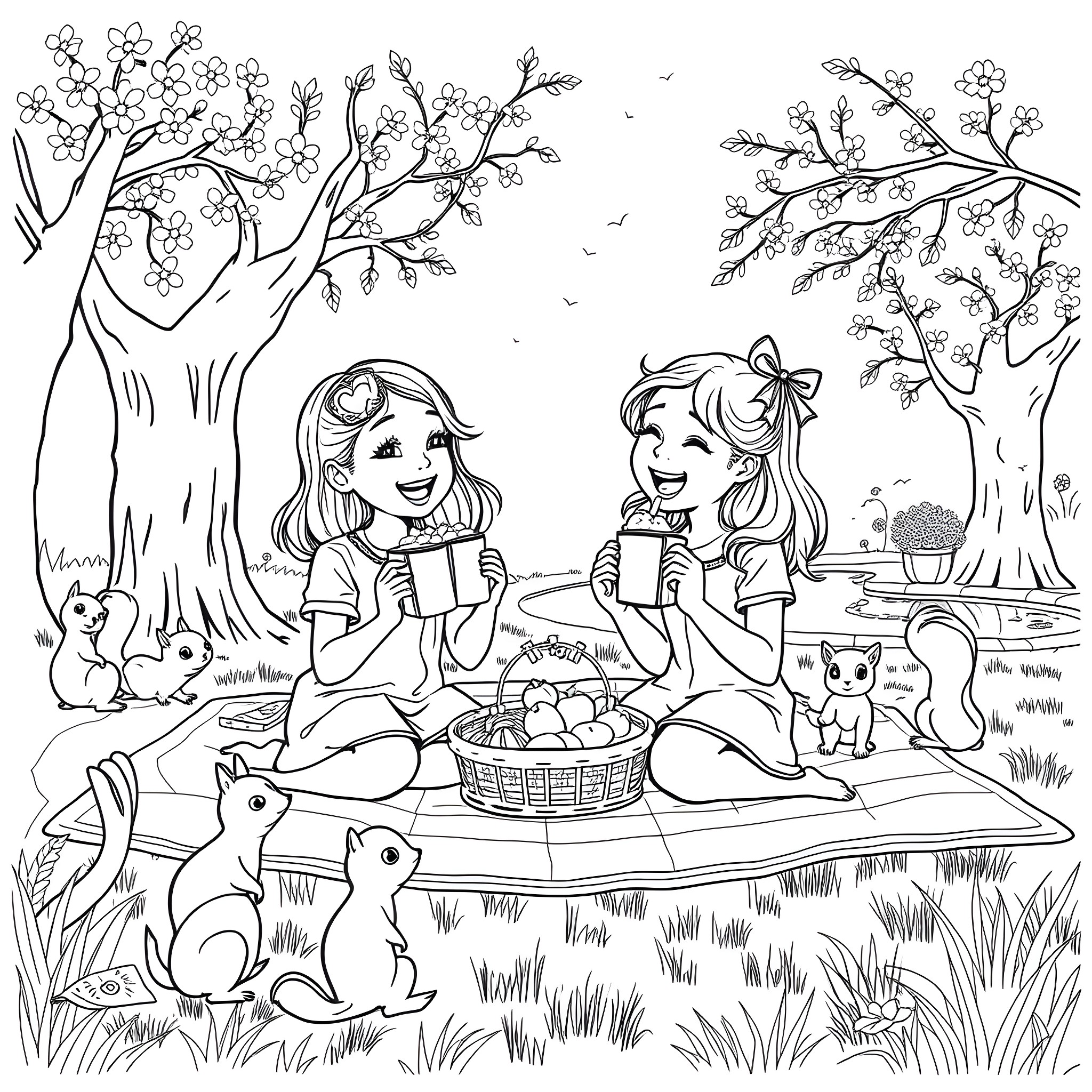 Girls having a picnic with animals in the park Coloring Page (free black-and-white line drawing printable PDF for all, from beginners to advanced learners, including children, teens, adults, and seniors)