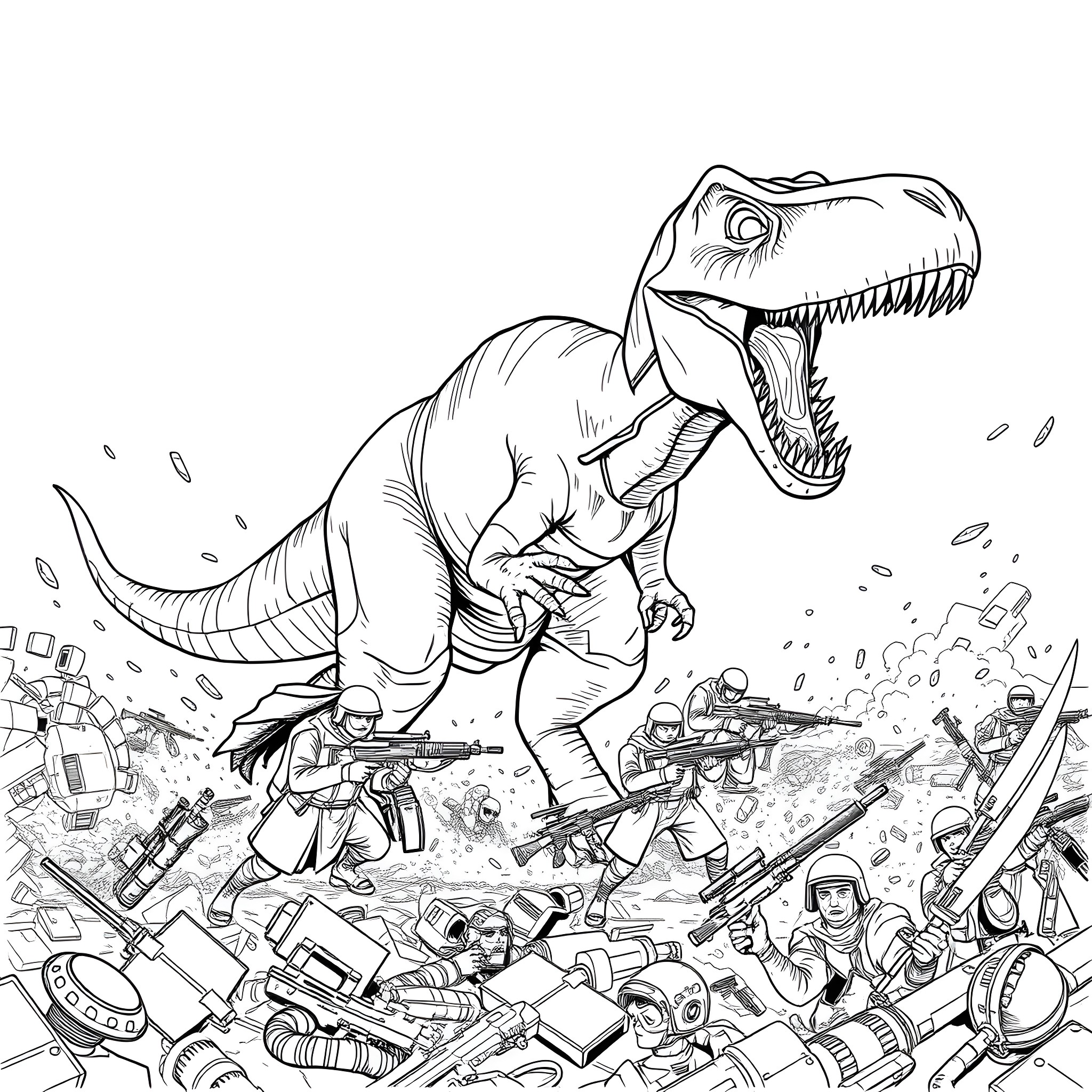 Dinosaur rampaging through a battlefield of futuristic weapons and vehicles Coloring Page (free black-and-white line drawing printable PDF for all, from beginners to advanced learners, including children, teens, adults, and seniors)