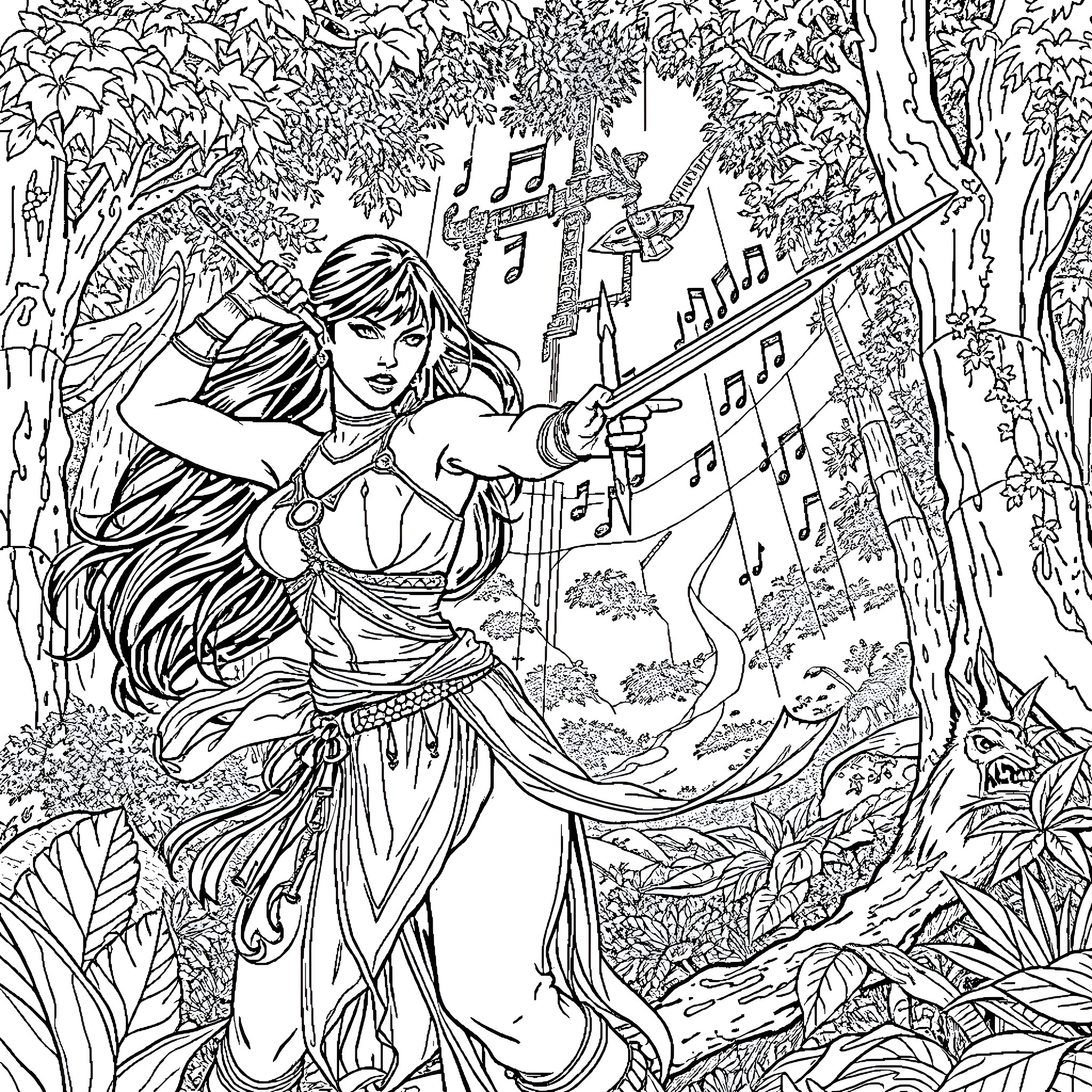 Xena's Enchanting Forest Melody Coloring Page (free black-and-white line drawing printable PDF for all, from beginners to advanced learners, including children, teens, adults, and seniors)