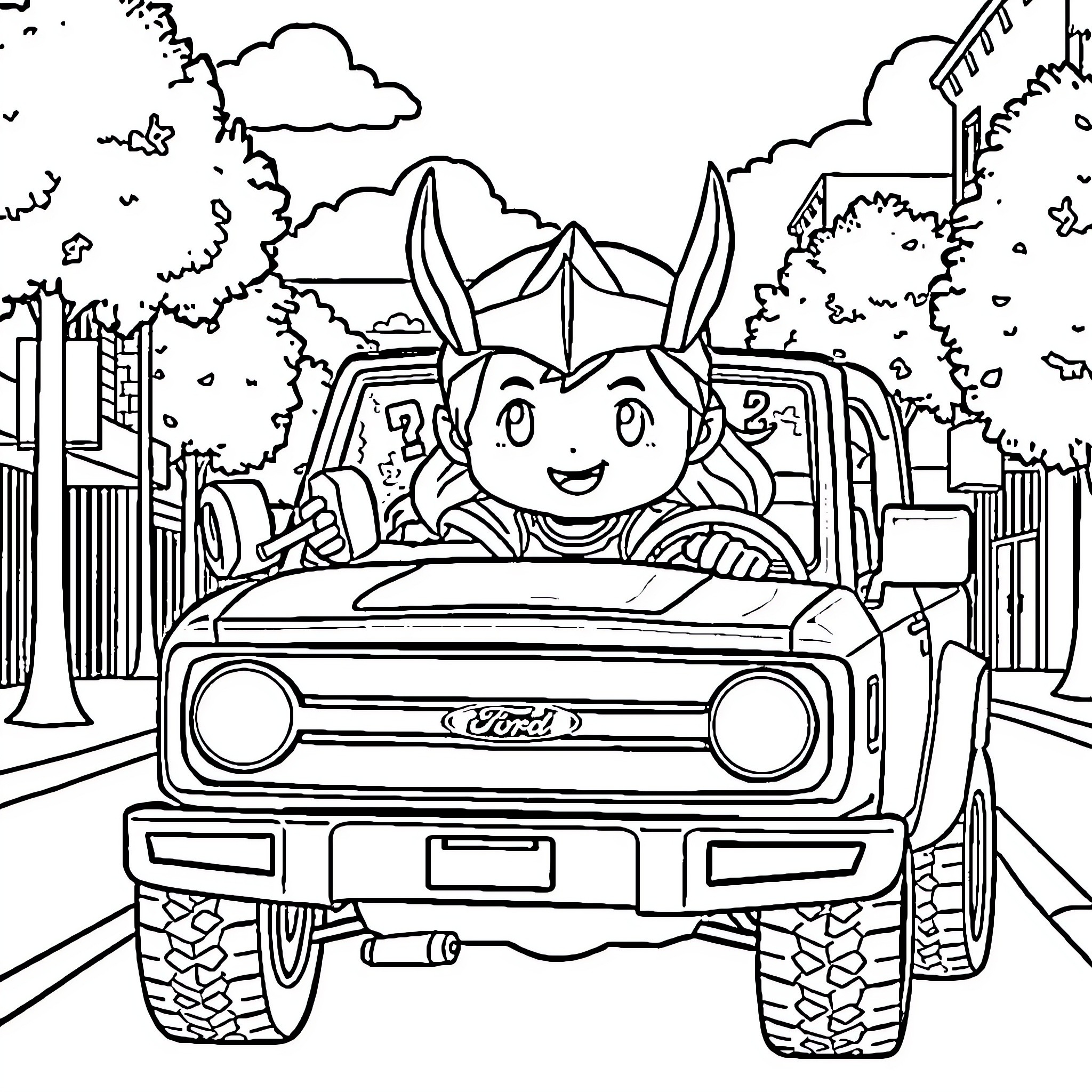 Thor's Joyride in a Rugged Truck Coloring Page (free black-and-white line drawing printable PDF for all, from beginners to advanced learners, including children, teens, adults, and seniors)