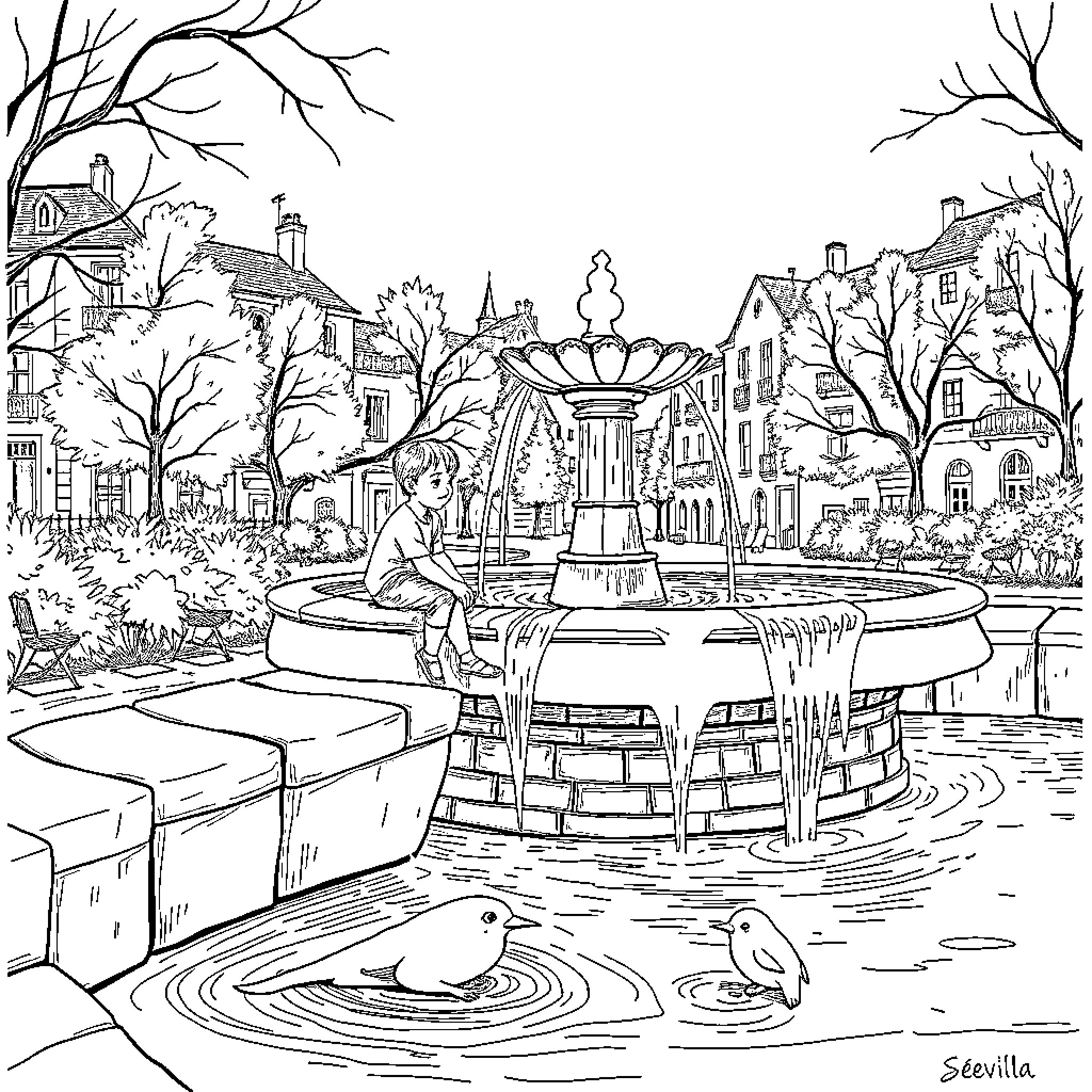 Boy playing near a fountain in an old town Coloring Page (free black-and-white line drawing printable PDF for all, from beginners to advanced learners, including children, teens, adults, and seniors)