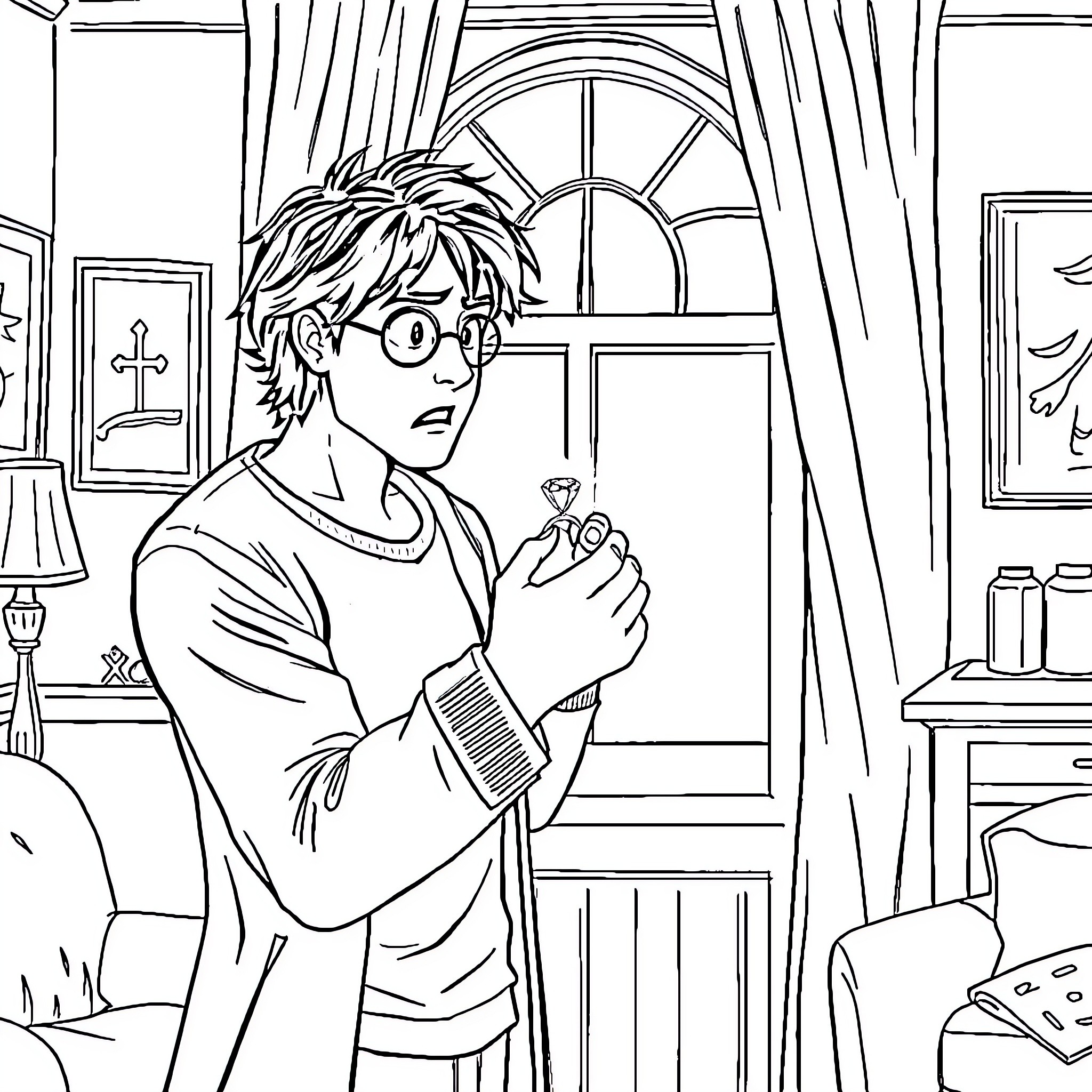 Sirius Black in deep thought at Grimmauld Place Coloring Page (free black-and-white line drawing printable PDF for all, from beginners to advanced learners, including children, teens, adults, and seniors)