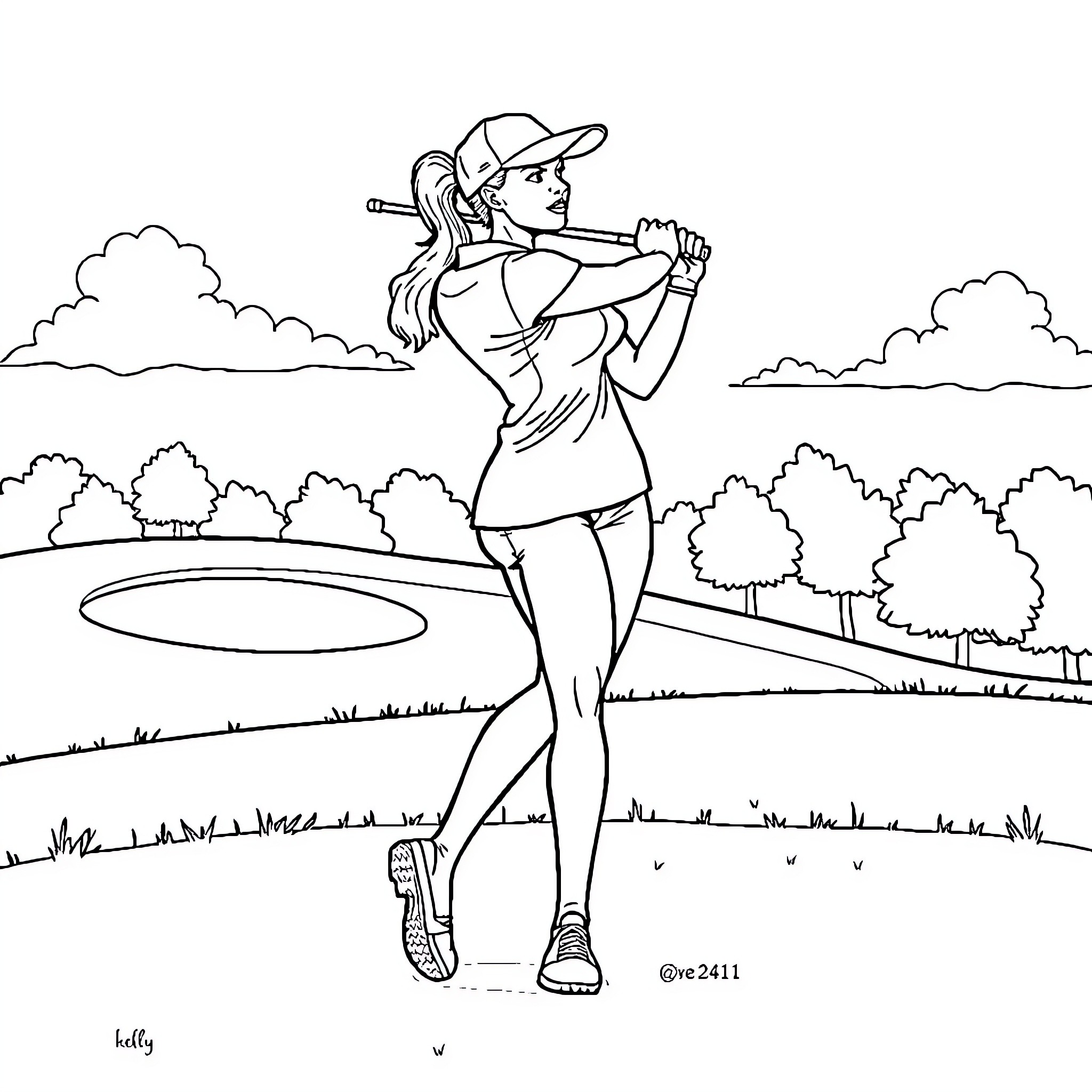 Woman playing sports outdoors in a field Coloring Page (free black-and-white line drawing printable PDF for all, from beginners to advanced learners, including children, teens, adults, and seniors)