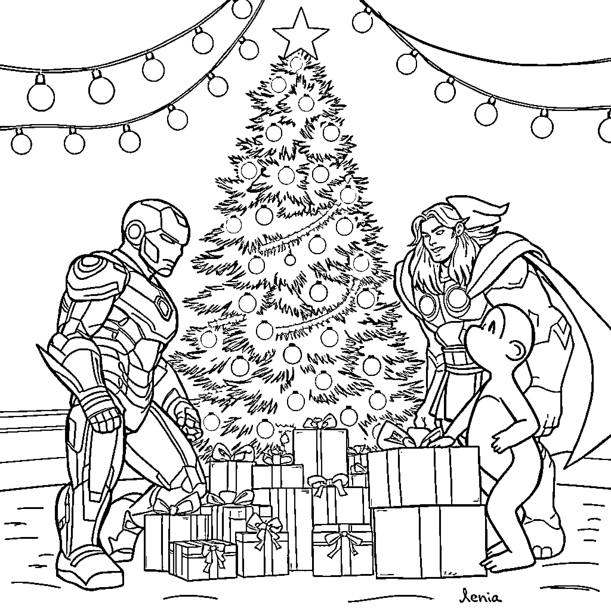 Ironman and Thor Celebrating Christmas with Gifts Coloring Page (free black-and-white line drawing printable PDF for all, from beginners to advanced learners, including children, teens, adults, and seniors)