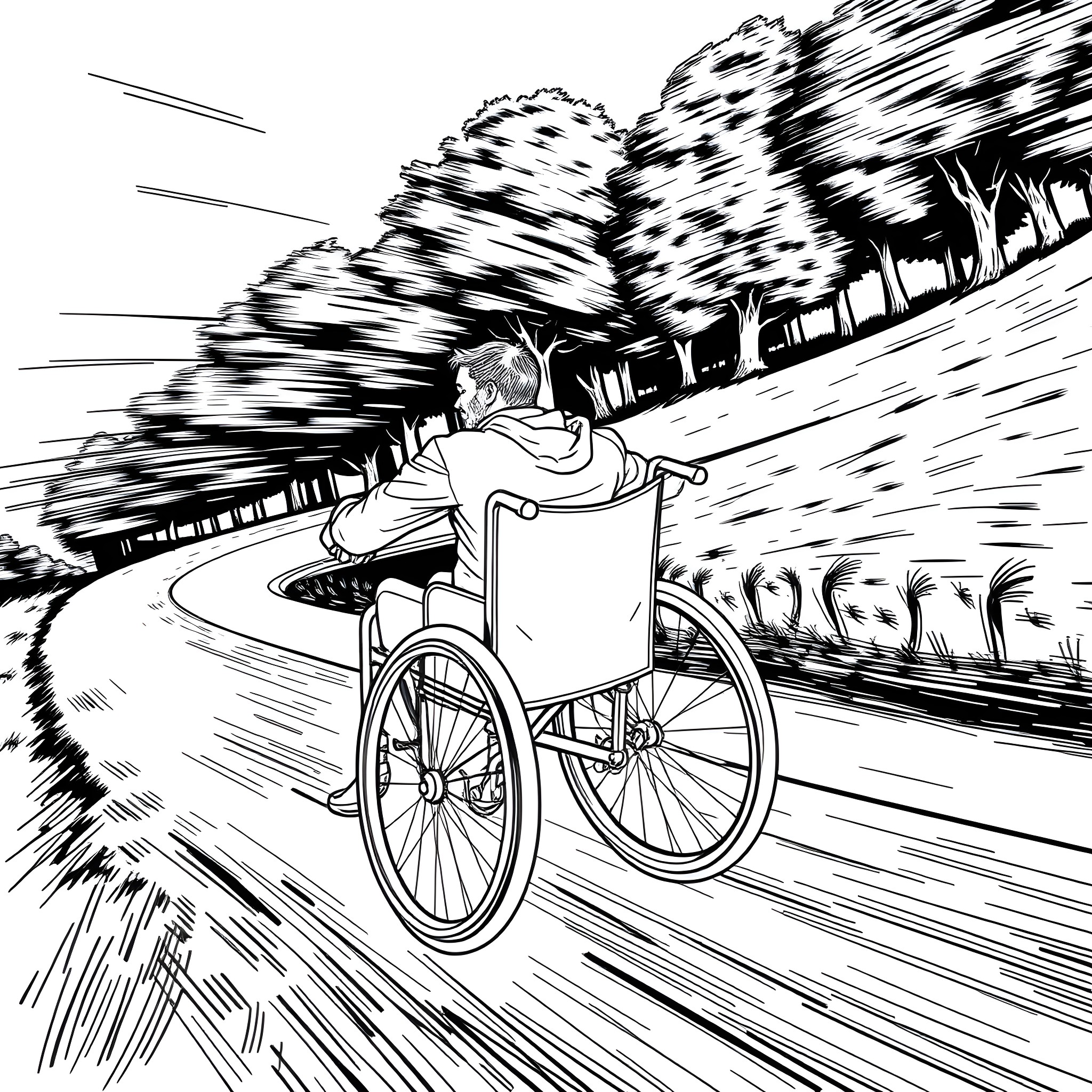Wheelchair racing through a blurred landscape Coloring Page (free black-and-white line drawing printable PDF for all, from beginners to advanced learners, including children, teens, adults, and seniors)