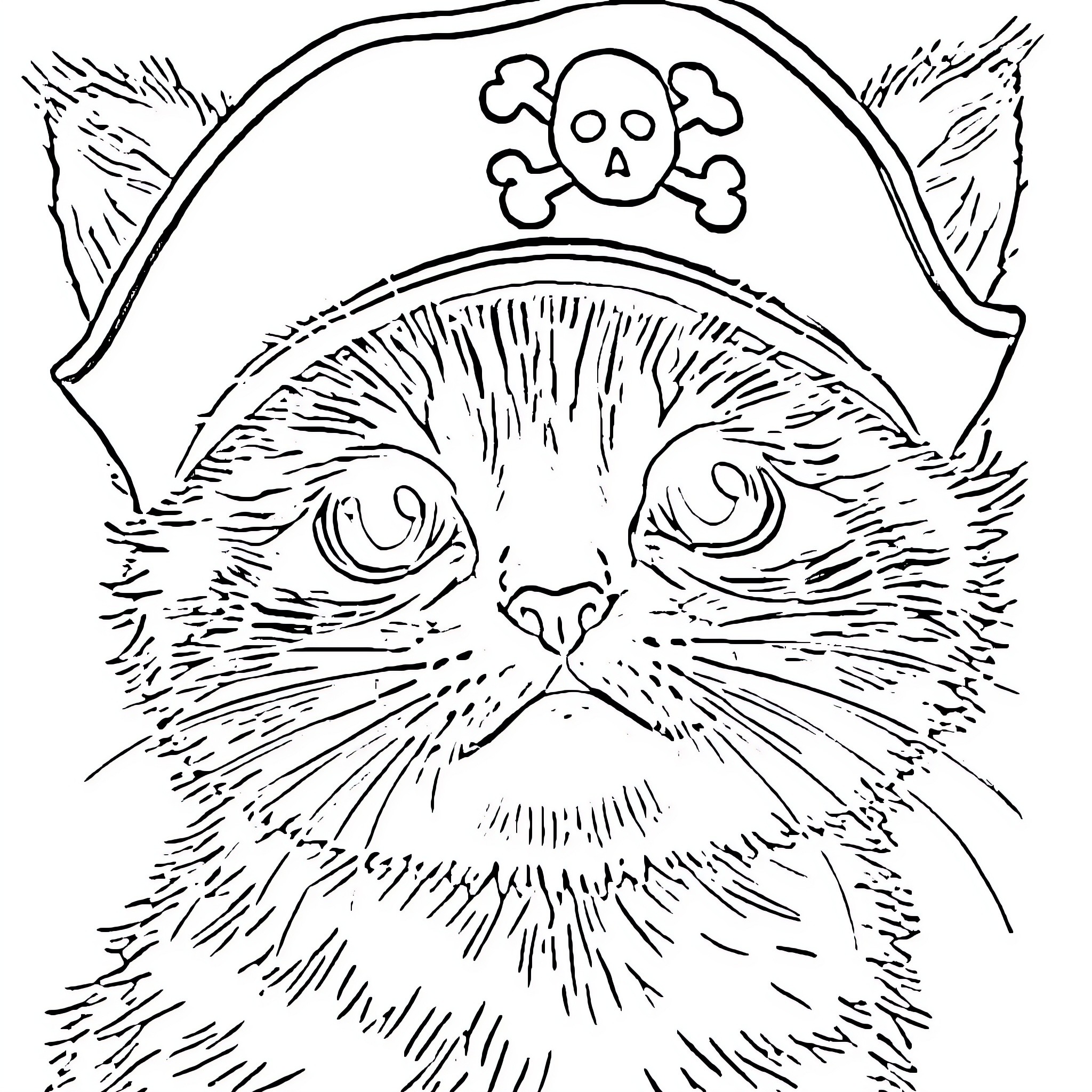 Kitten wearing a pirate hat Coloring Page (free black-and-white line drawing printable PDF for all, from beginners to advanced learners, including children, teens, adults, and seniors)