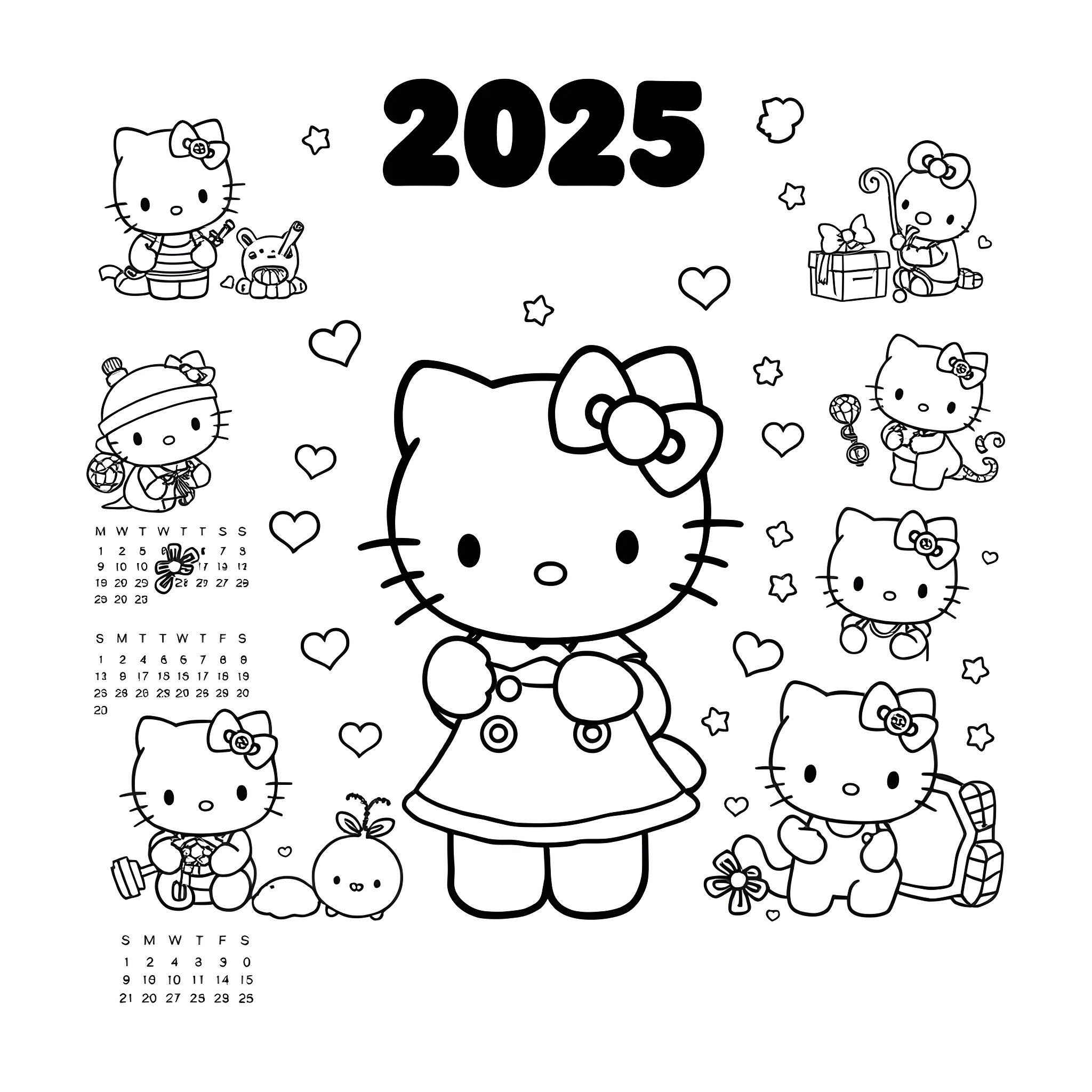 Hello Kitty and Friends Celebrate the Year 2025 Coloring Page (free black-and-white line drawing printable PDF for all, from beginners to advanced learners, including children, teens, adults, and seniors)