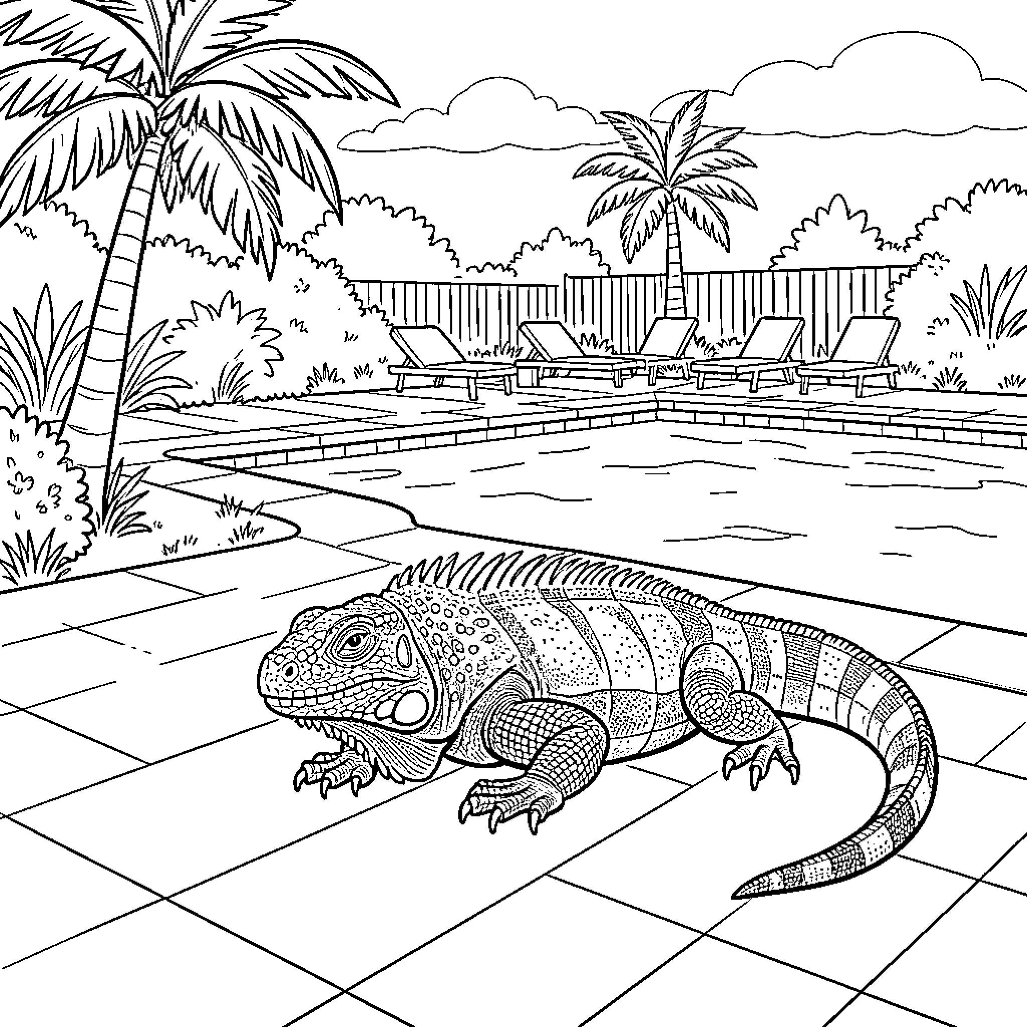 Iguana resting by a tropical swimming pool Coloring Page (free black-and-white line drawing printable PDF for all, from beginners to advanced learners, including children, teens, adults, and seniors)