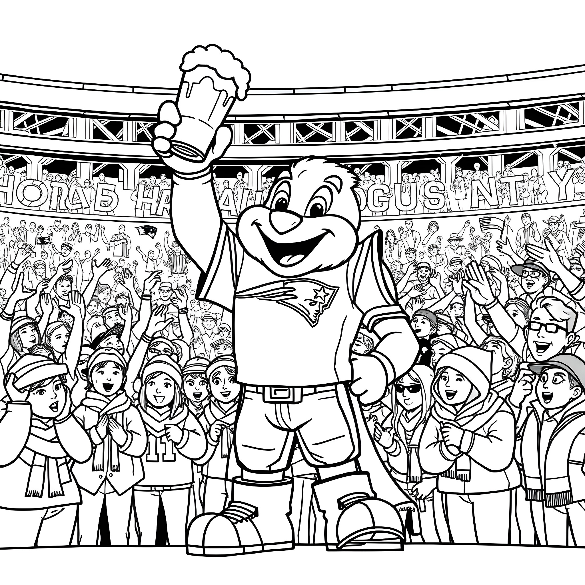 Patriot Mascot Celebrates with Cheering Crowd Coloring Page (free black-and-white line drawing printable PDF for all, from beginners to advanced learners, including children, teens, adults, and seniors)