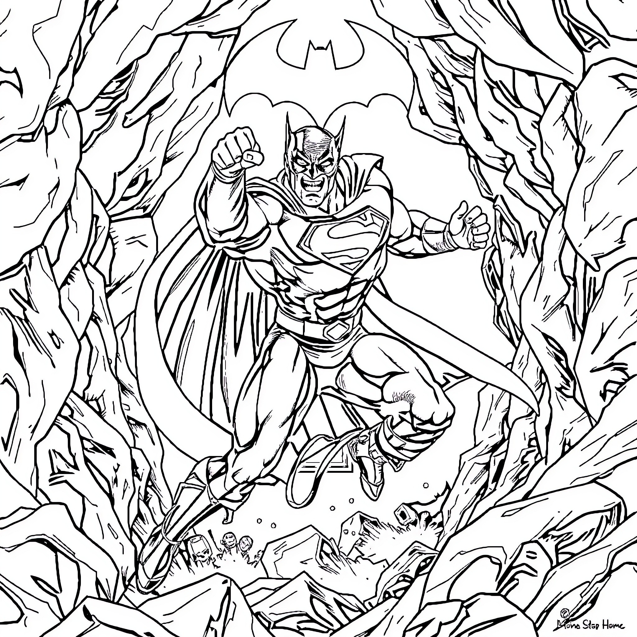 Superman heroically battling through a treacherous environment Coloring Page (free black-and-white line drawing printable PDF for all, from beginners to advanced learners, including children, teens, adults, and seniors)
