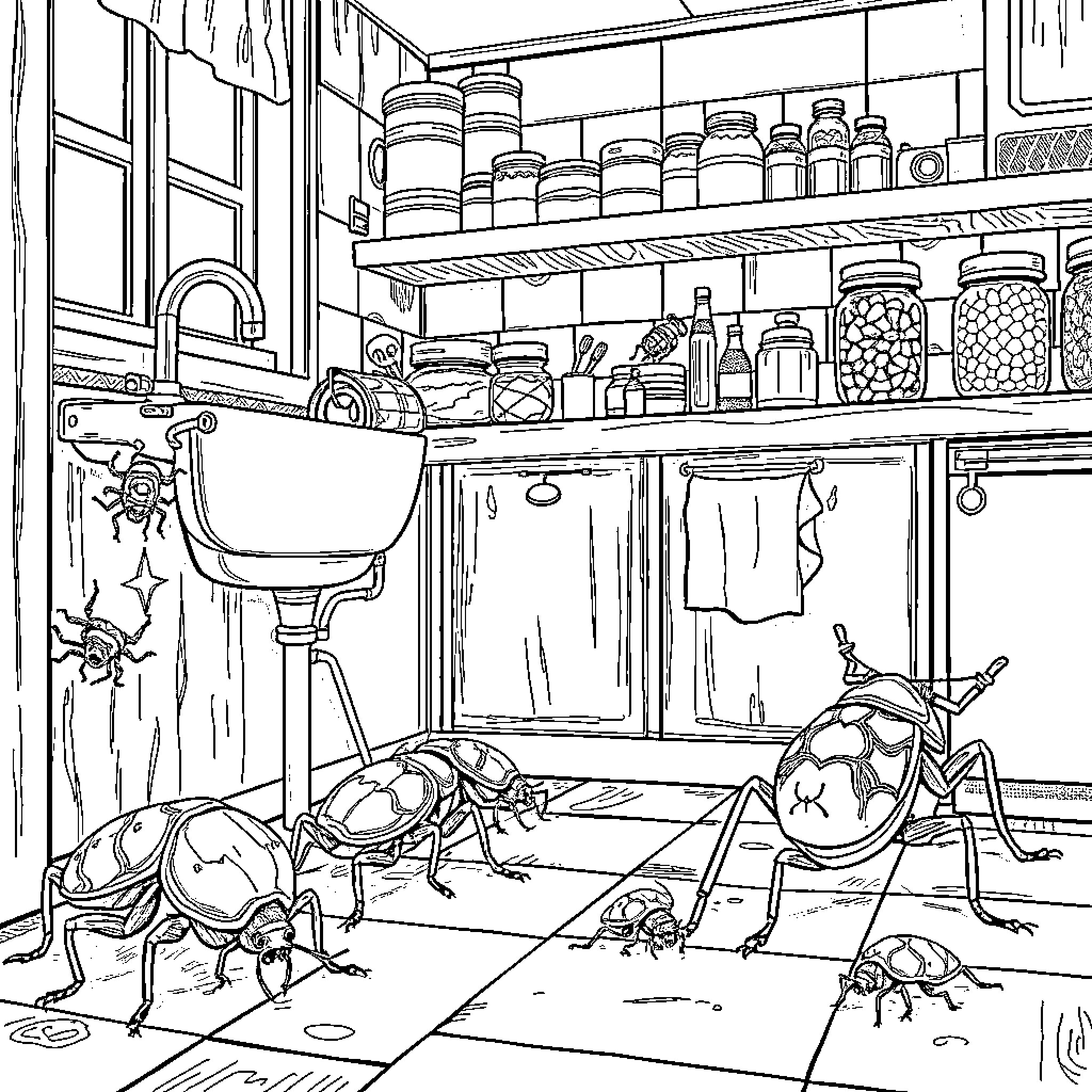 Bug Infested Kitchen with Unusual Visitors Coloring Page (free black-and-white line drawing printable PDF for all, from beginners to advanced learners, including children, teens, adults, and seniors)