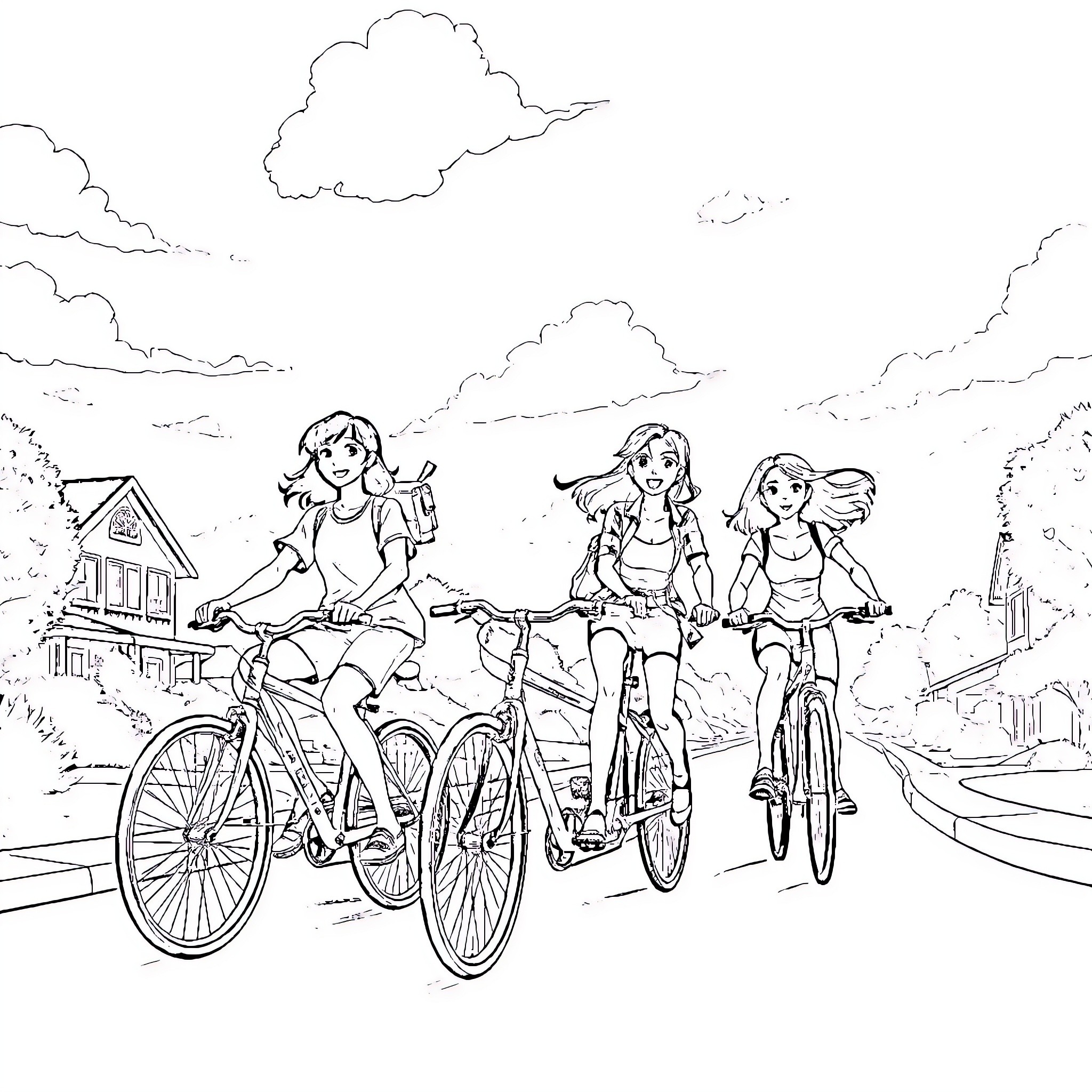 Friend on bicycles enjoying an outdoor adventure Coloring Page (free black-and-white line drawing printable PDF for all, from beginners to advanced learners, including children, teens, adults, and seniors)
