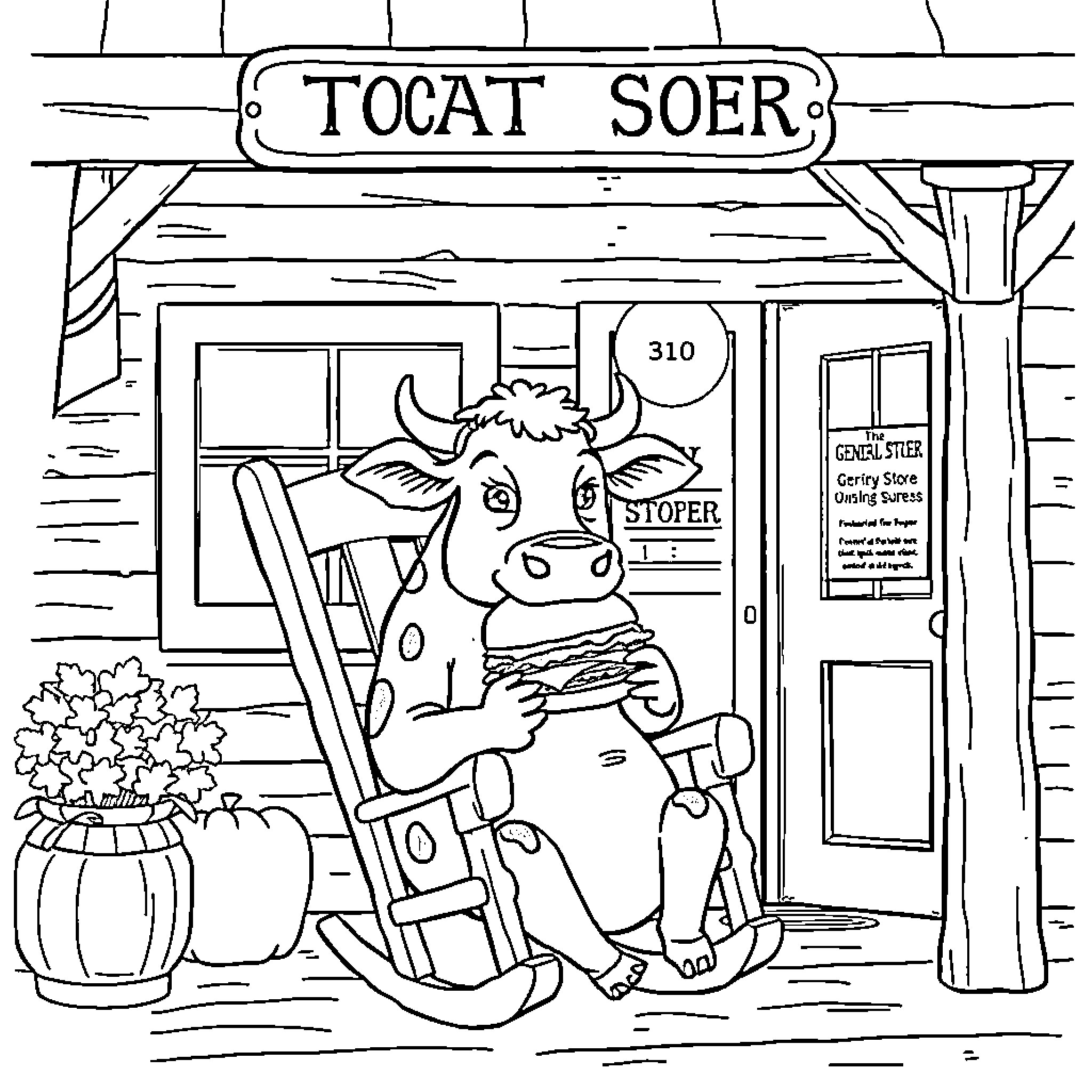 Cow resting on a rocking chair outside a country store Coloring Page (free black-and-white line drawing printable PDF for all, from beginners to advanced learners, including children, teens, adults, and seniors)
