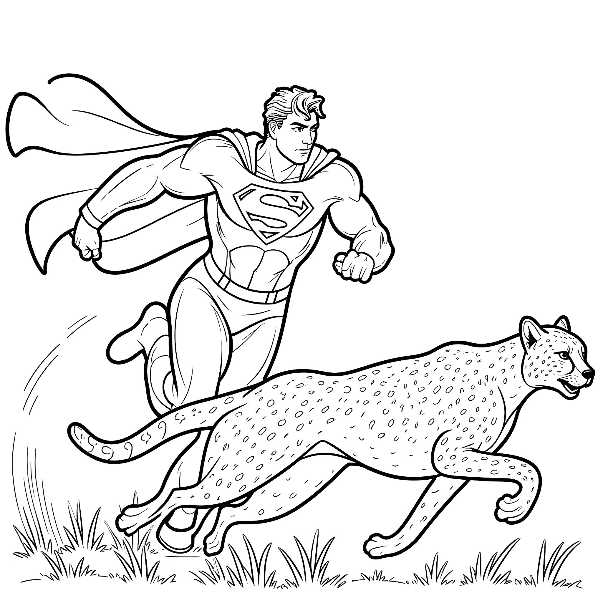Superman Rushing to Rescue Cheetah in the Wild Coloring Page (free black-and-white line drawing printable PDF for all, from beginners to advanced learners, including children, teens, adults, and seniors)